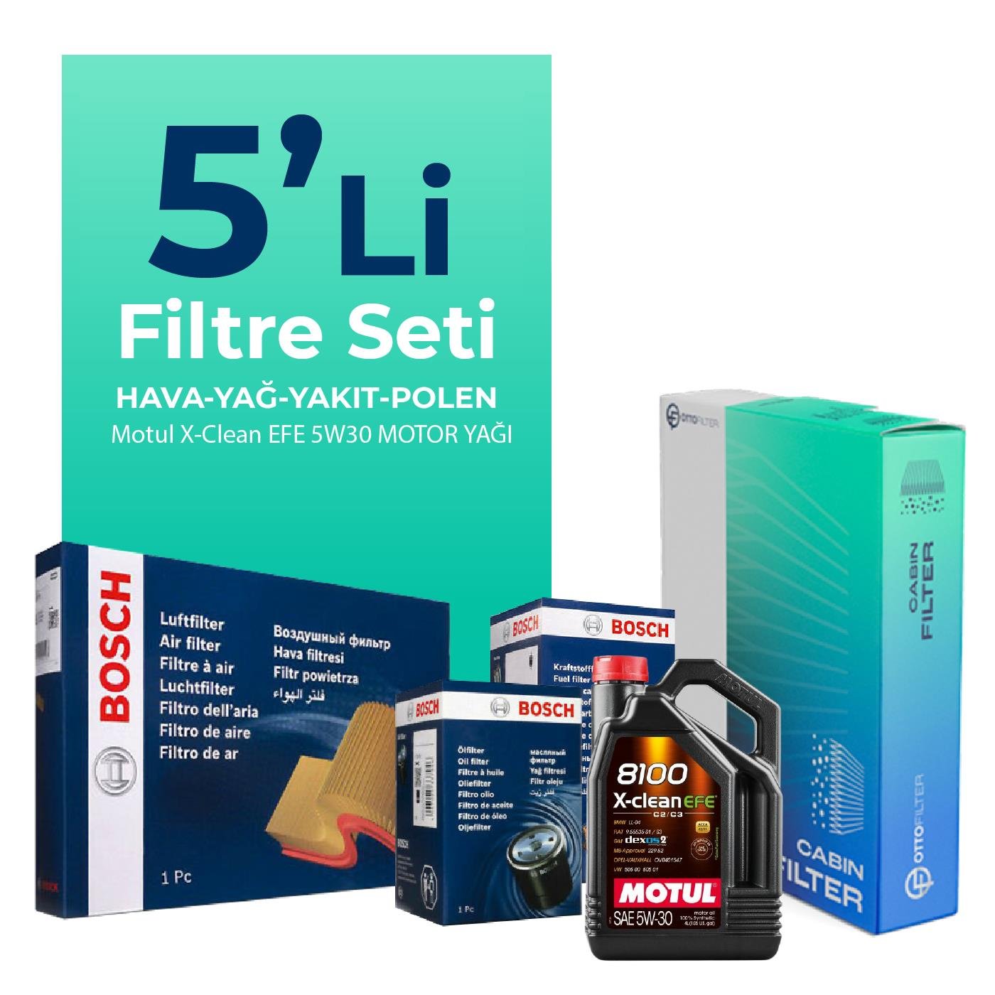Bosch Audi A5 2.0 Dizel Filtre Bakım Seti Motul 8100 X-Clean EFE 5W-30 5 Litre Motor Yağlı (2017-2021) 5 Li