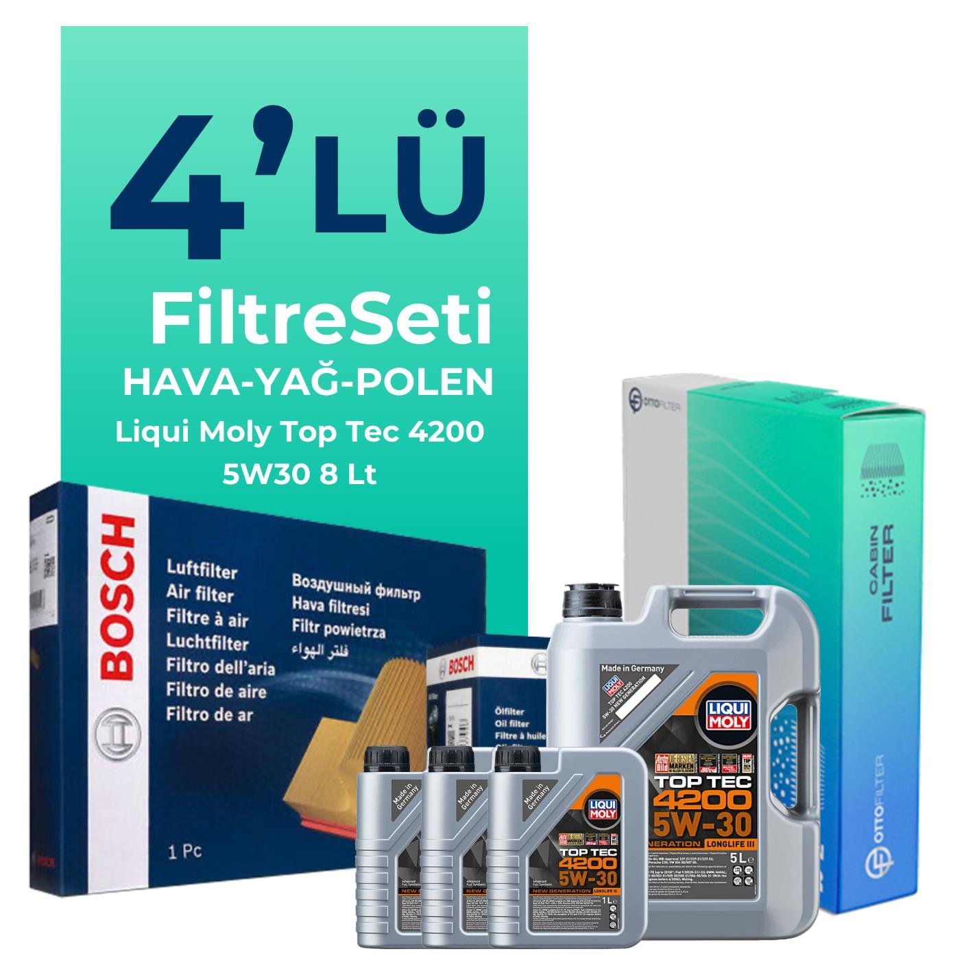 Bosch Audi Q7 3.0 Dizel Filtre Bakım Seti Liqui Moly Top Tec 4200 5W-30 8 Litre Motor Yağlı (2006-2011) 4 Lü