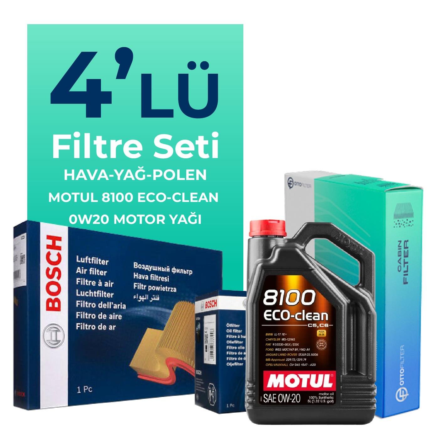 Bosch BMW X1 1.5 Benzinli Filtre Bakım Seti Motul 8100 Eco-Clean 0W-20 5 Litre Motor Yağlı (2017-2022) 4 Lü