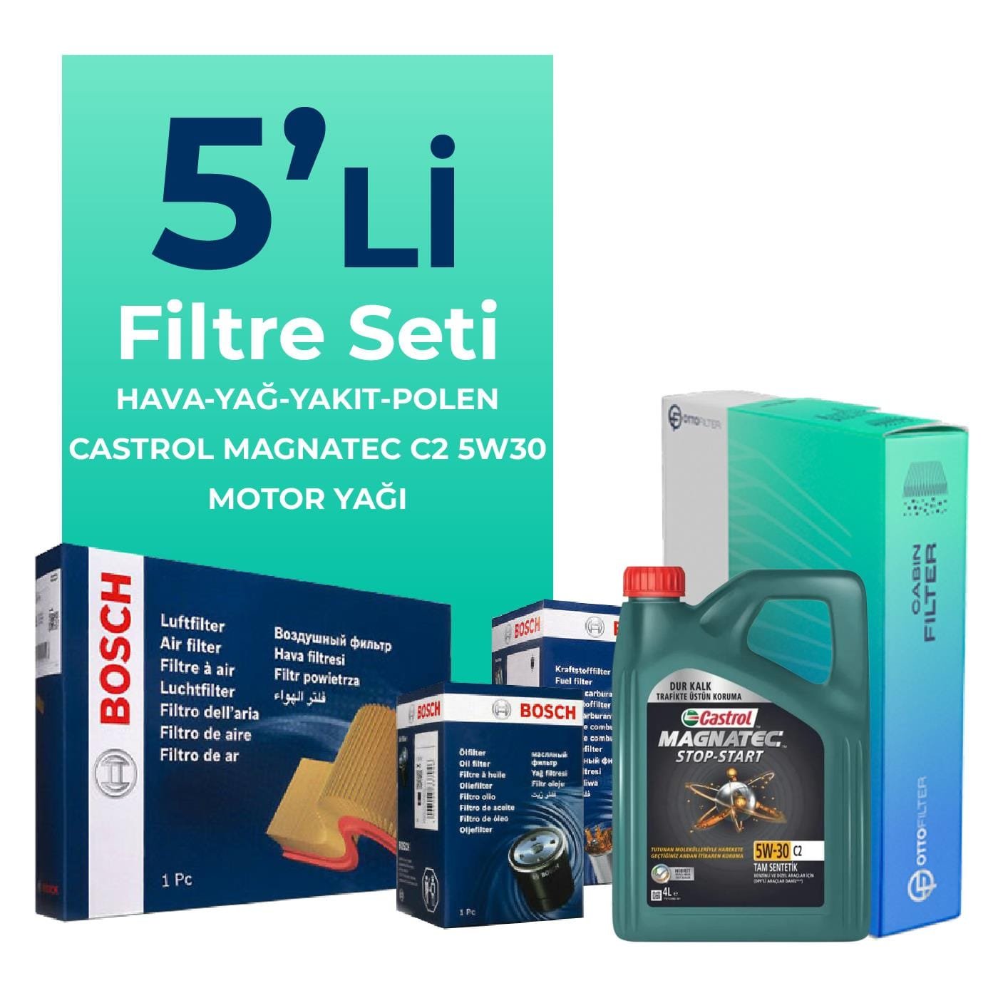 BOSCH Citroen Berlingo 1.6 Dizel Filtre Bakım Seti Castrol Magnatec C2 5W-30 4 Litre Motor Yağlı (2010-2016) 5 Li