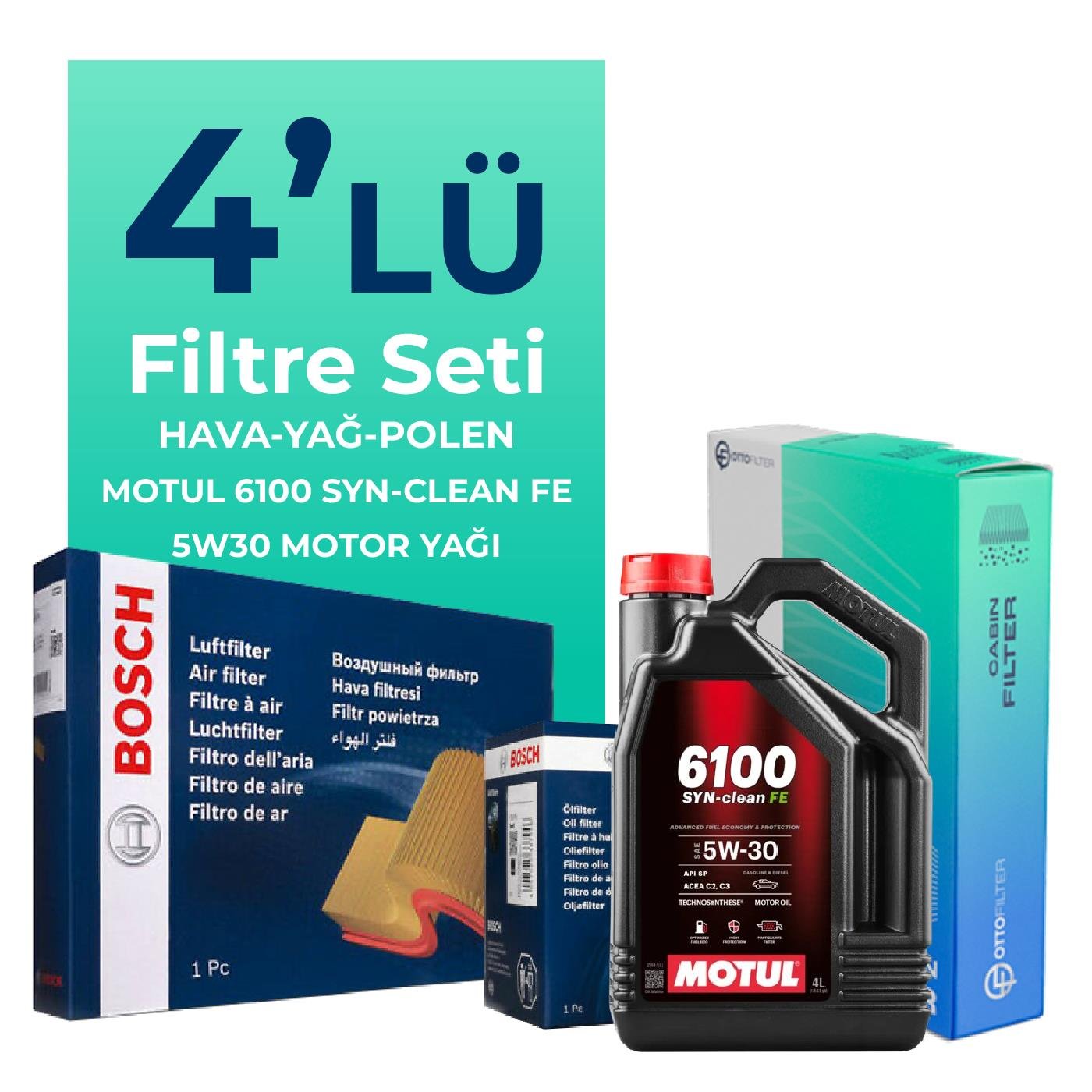 BOSCH Citroen C5 AirCross 1.5 Dizel Filtre Bakım Seti Motul 6100 Syn-Clean FE 5W-30 4 Litre Motor Yağlı (2019-2023) 4 Lü