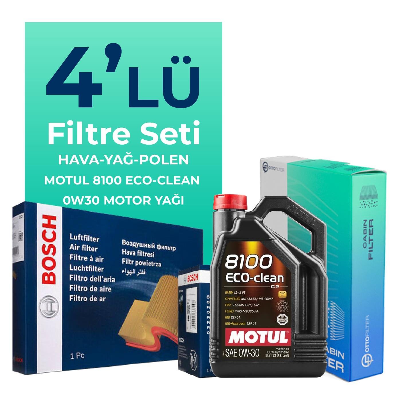BOSCH Citroen C5 AirCross 1.6 Benzinli Filtre Bakım Seti Motul 8100 Eco-Clean 0W-30 5 Litre Motor Yağlı (2019-2022) 4 Lü