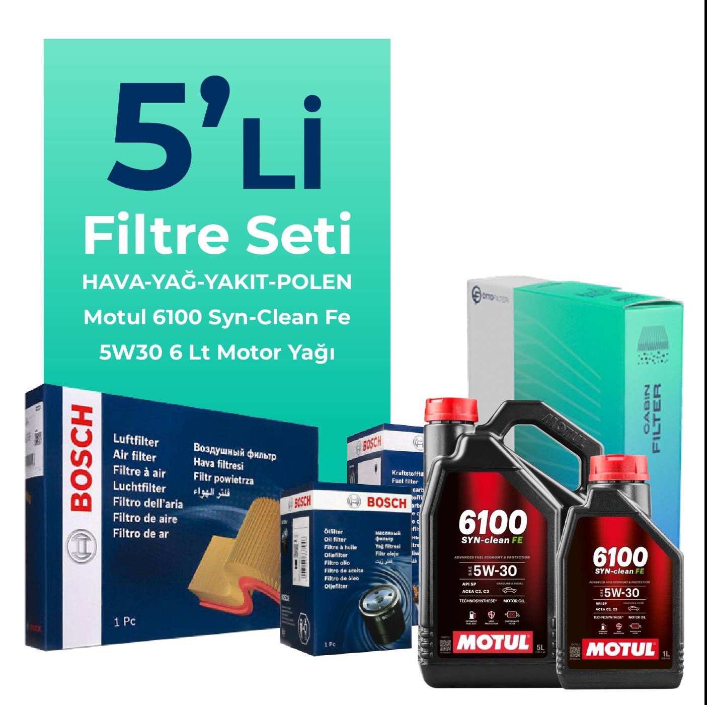 BOSCH Citroen Jumper 2.2 Dizel Filtre Bakım Seti Motul 6100 Syn-Clean FE 5W-30 6 Litre Motor Yağlı (2014-2016) 5 Li