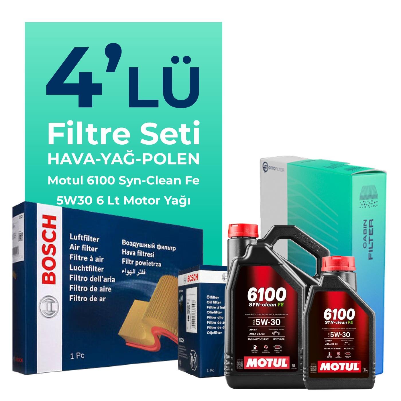 Bosch Dacia Duster 1.5 BlueDci Dizel Filtre Bakım Seti Motul 6100 Syn-Clean FE 5W-30 6 Litre Kullanılan Araç : Duster 2 1.5 BlueDci Motor Yağlı (2018-2022) 4 Lü