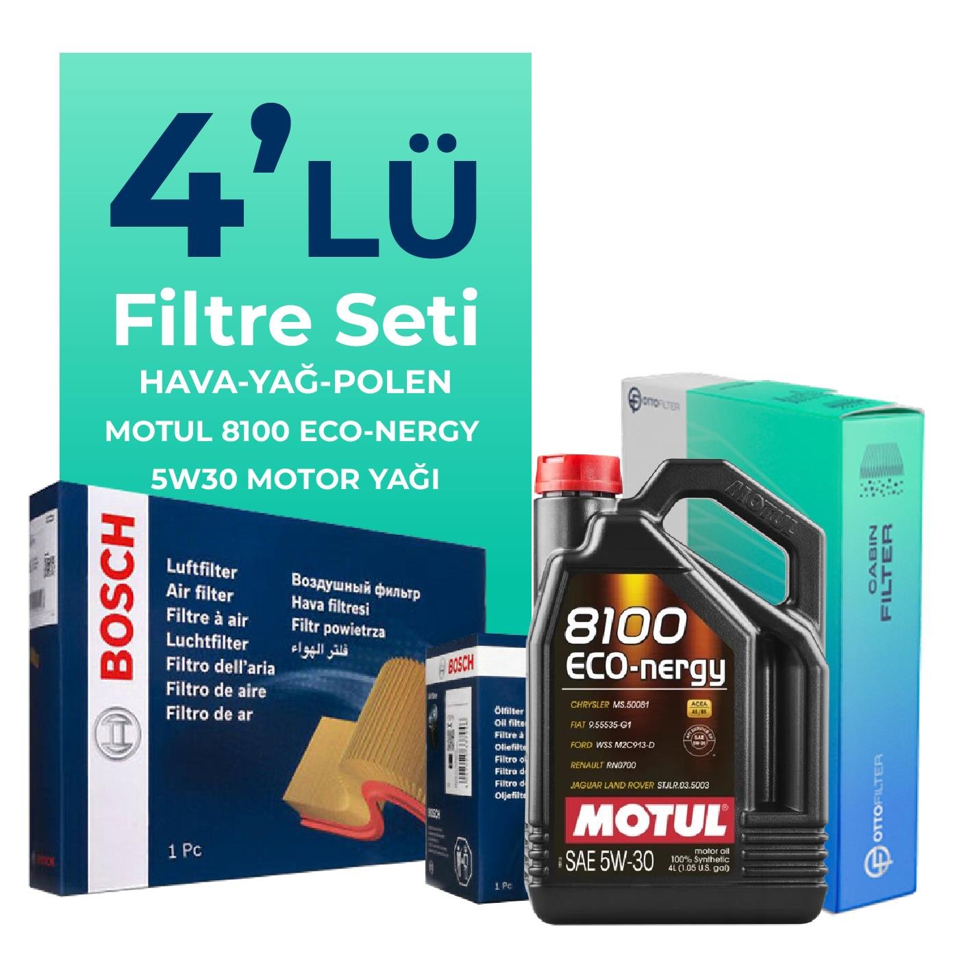 BOSCH Fiat 500 1.2 Benzinli Filtre Bakım Seti Motul 8100 Eco-Nergy 5W-30 4 Litre Motor Yağlı (2009-2020) 4 Lü