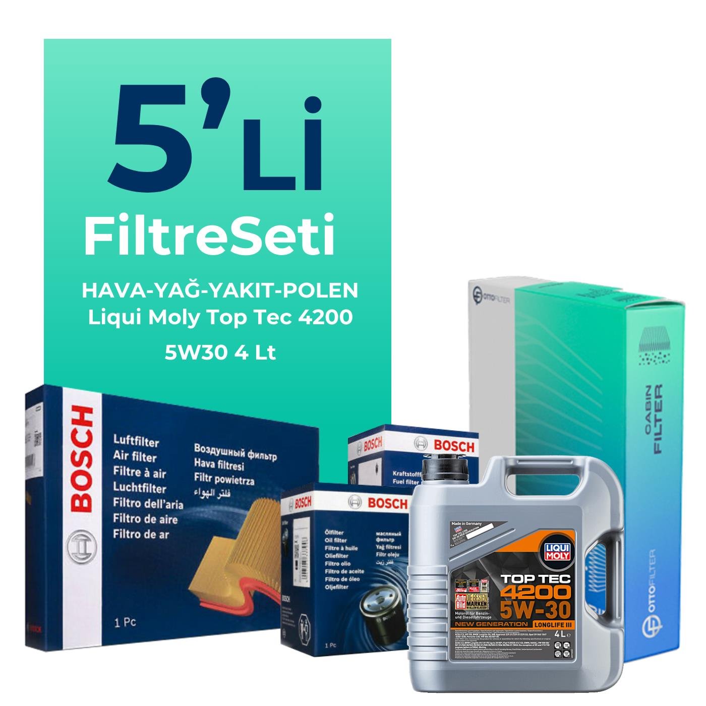 BOSCH Fiat Doblo 1.3 Dizel Filtre Bakım Seti Liqui Moly Top Tec 4200 5W-30 4 Litre Motor Yağlı EURO 5 (2015-2021) 5 Li