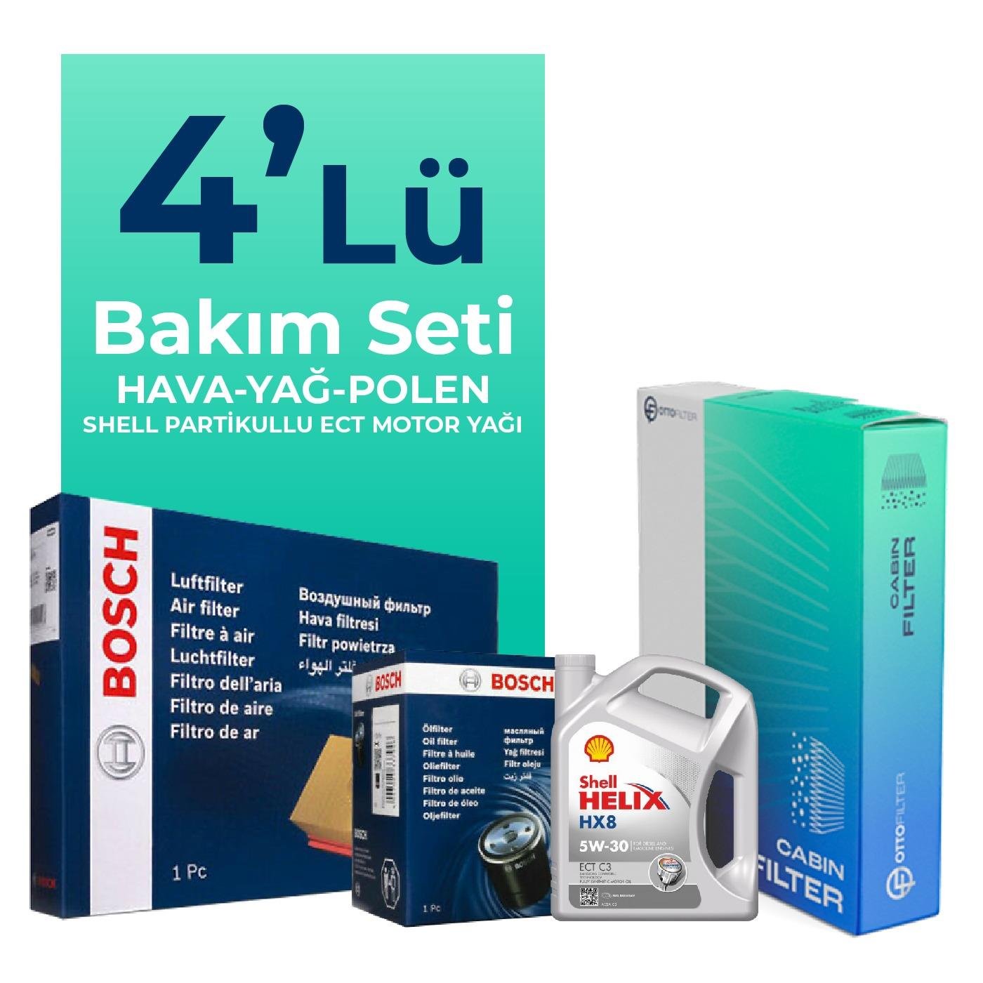 BOSCH Fiat Doblo 1.5 Dizel Filtre Bakım Seti Shell Helix Hx8 ECT 5W-30 4 Litre Motor Yağlı (2023-2025) 4 Lü