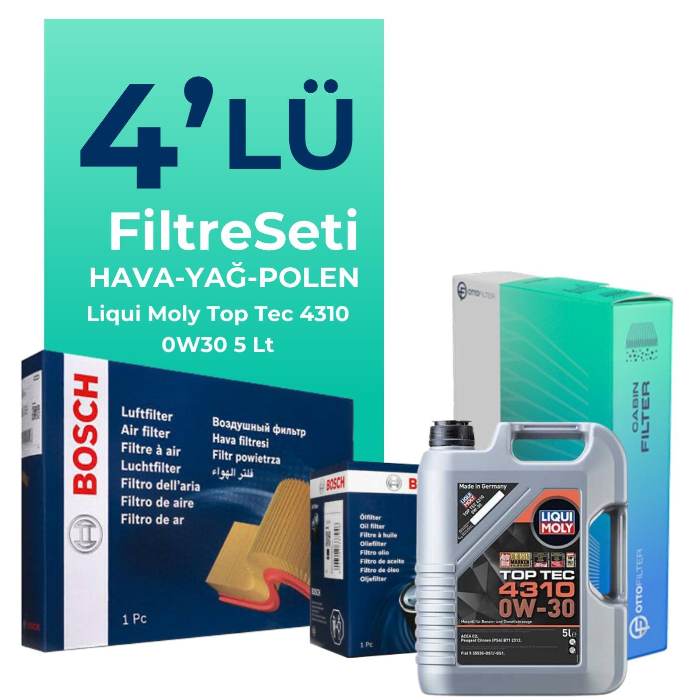Bosch Fiat Egea 1.6 Benzin Filtre Bakım Seti Liqui Moly Top Tec 4310 0W-30 5 Litre Motor Yağlı (2015-2021) 4 Lü