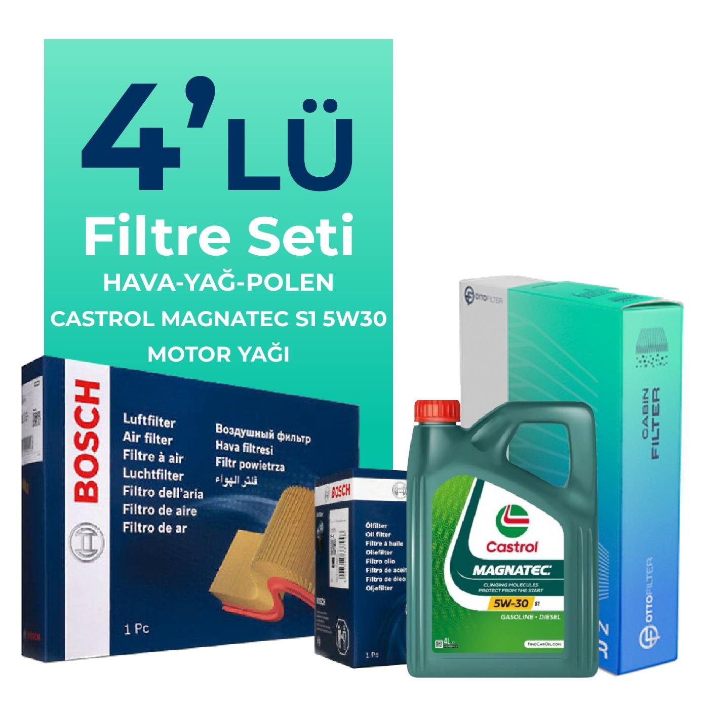 BOSCH Fiat Fiorino 1.3 Dizel Filtre Bakım Seti Castrol Magnatec S1 5W-30 4 Litre Motor Yağlı EURO 4 (2007-2016) 4 Lü