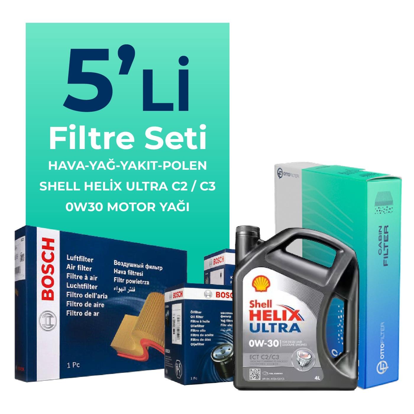 BOSCH Fiat Fiorino 1.3 Dizel Filtre Bakım Seti Shell Helix Ultra ECT C2 / C3 0W-30 4 Litre Motor Yağlı EURO 6 (2015-2024) 5 Li