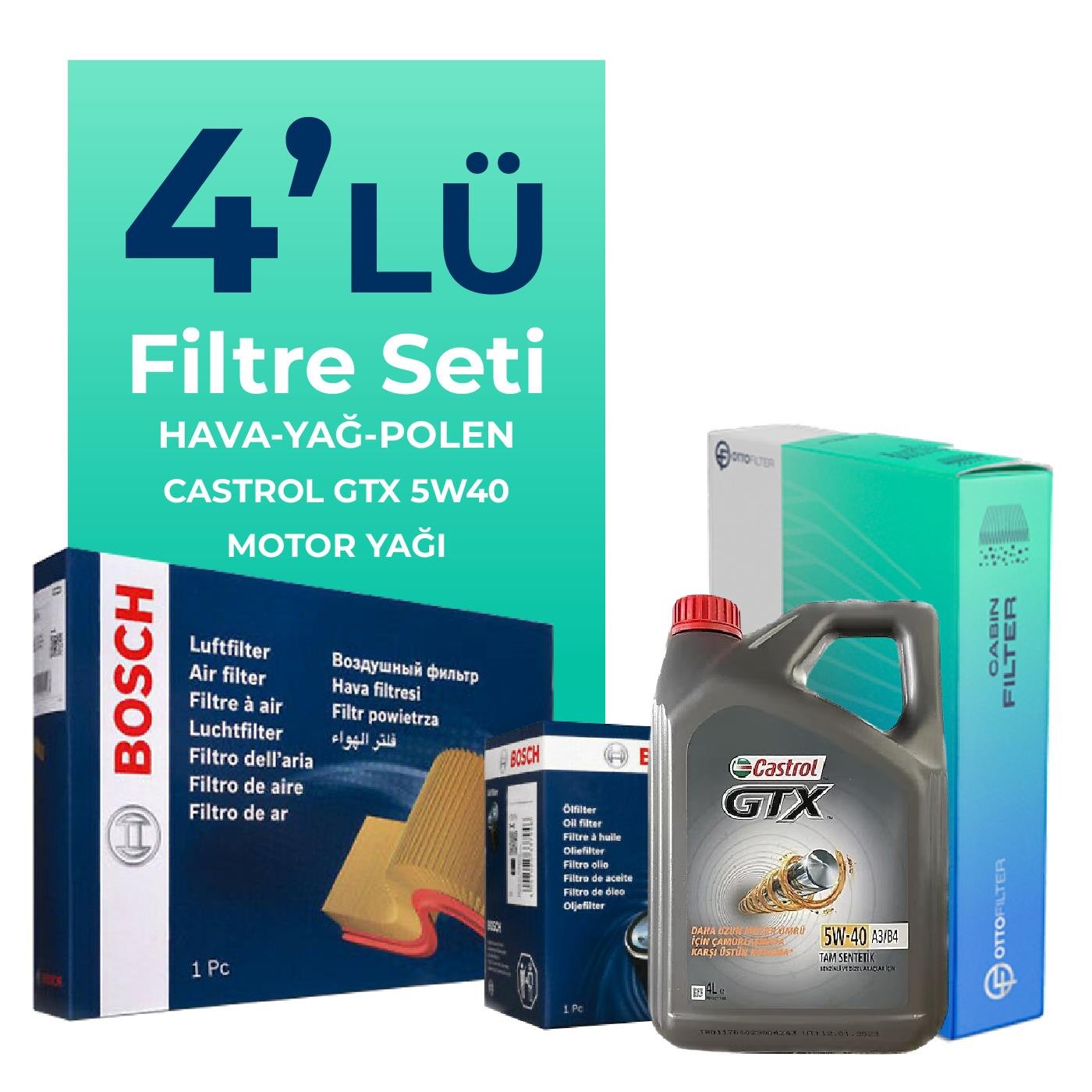 BOSCH Fiat Grande Punto 1.4 Benzinli Filtre Bakım Seti Castrol GTX 5W-40 4 Litre Motor Yağlı (2005-2013) 4 Lü