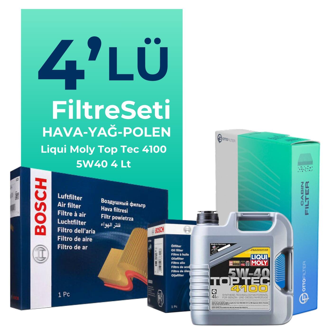 BOSCH Fiat Grande Punto 1.4 Benzinli Filtre Bakım Seti Liqui Moly Top Tec 4100 5W-40 4 Litre Motor Yağlı (2005-2013) 4 Lü