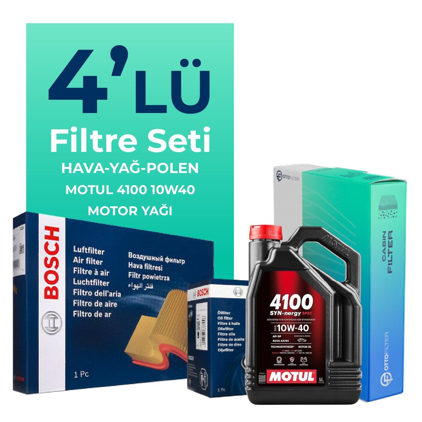 BOSCH Fiat Palio 1.6 Benzinli Filtre Bakım Seti Motul 4100 Power 10W-40 4 Litre Motor Yağlı (1998-2006) 4 Lü
