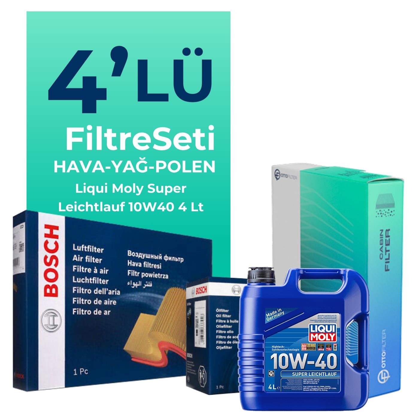 BOSCH Fiat Panda 1.2 Benzinli Filtre Bakım Seti Liqui Moly Super Leichtlauf 10W-40 4 Litre Motor Yağlı (2010-2012) 4 Lü