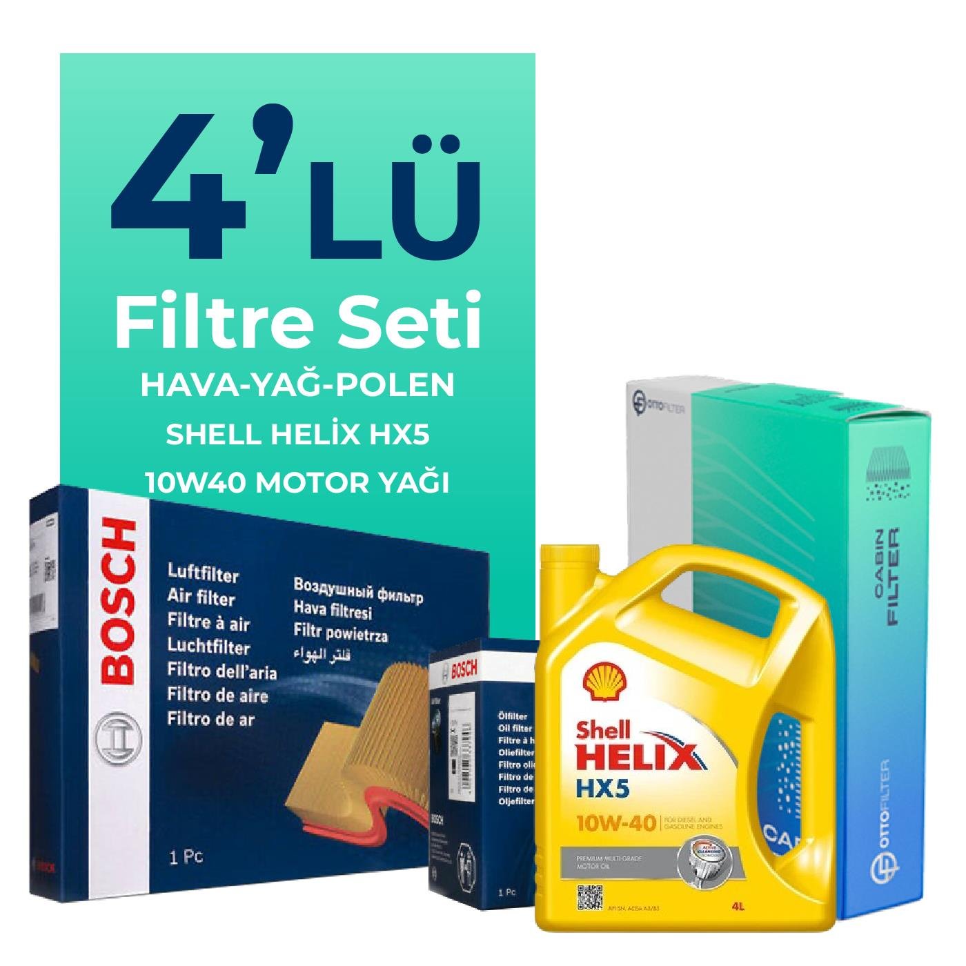 BOSCH Fiat Panda 1.2 Benzinli Filtre Bakım Seti Shell Helix Hx5 10W-40 4 Litre Motor Yağlı (2004-2010) 4 Lü