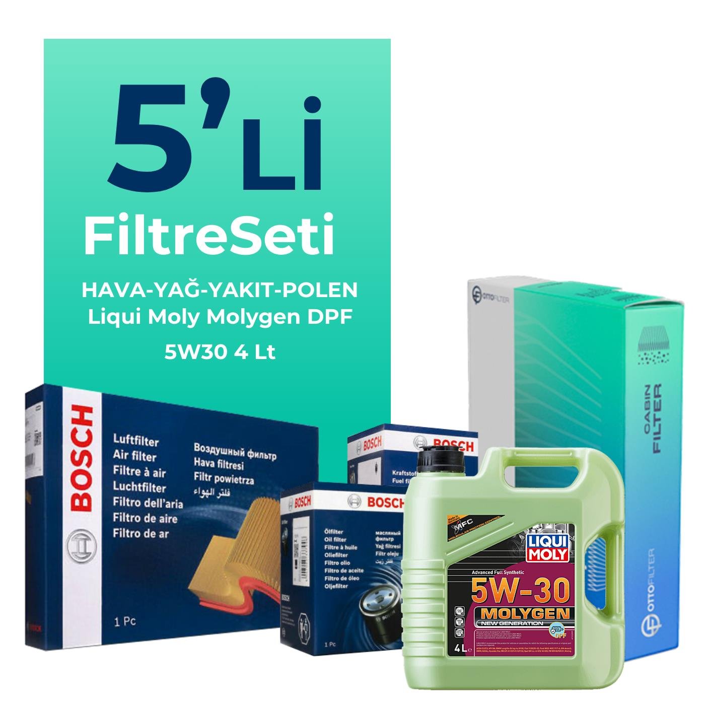 BOSCH Ford Fiesta 1.6 Dizel Filtre Bakım Seti Liqui Moly Molygen New Generation DPF 5W-30 4 Litre Motor Yağlı (2004-2008) 5 Li