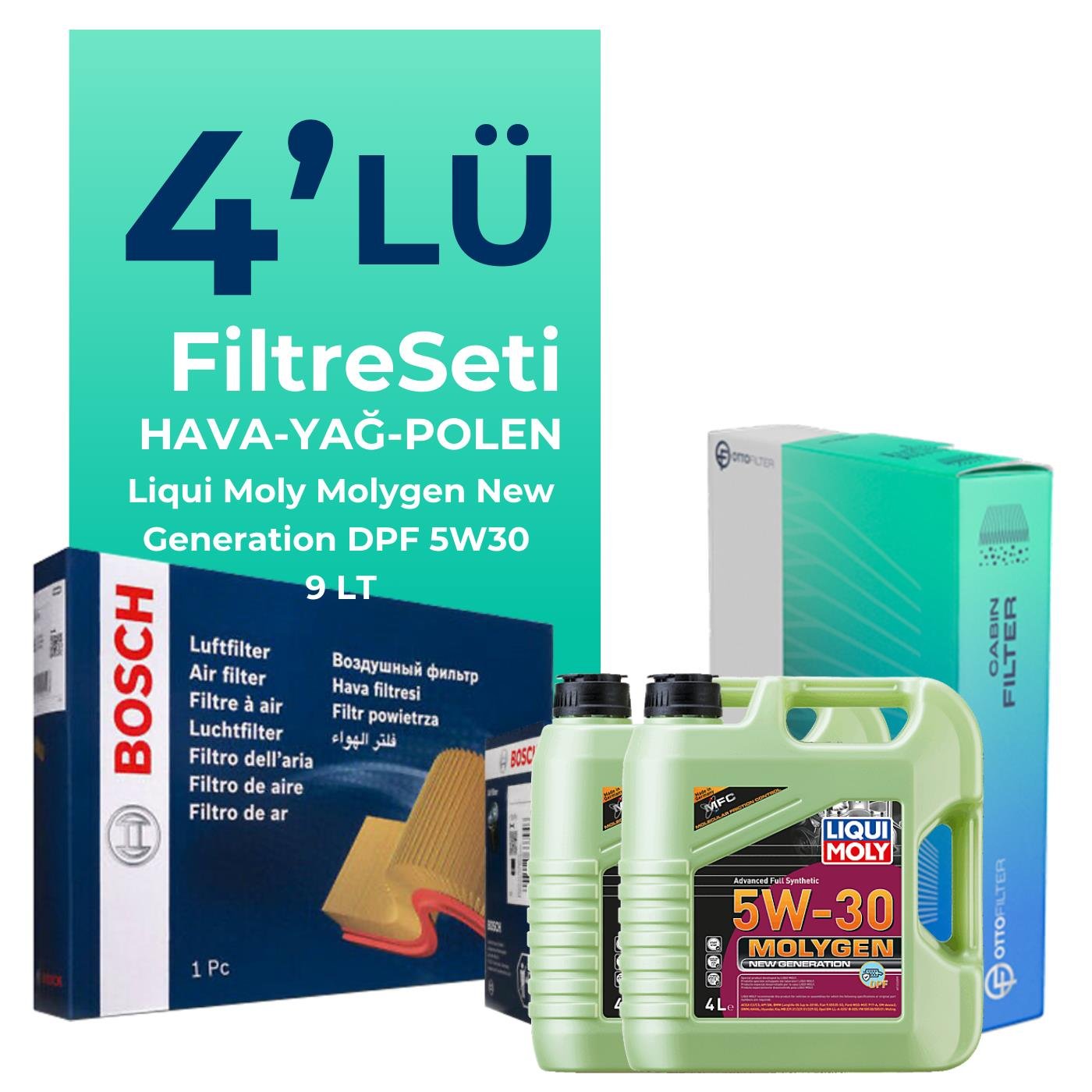 BOSCH Ford Ranger 3.2 Dizel Filtre Bakım Seti Liqui Moly Molygen New Generation DPF 5W-30 9 Litre Motor Yağlı (2012-2019) 4 Lü