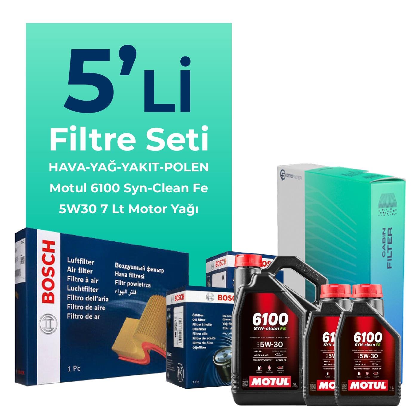 BOSCH Ford Tourneo Custom 2.2 Dizel Filtre Bakım Seti Motul 6100 Syn-Clean FE 5W-30 7 Litre Motor Yağlı (2012-2019) 5 Li
