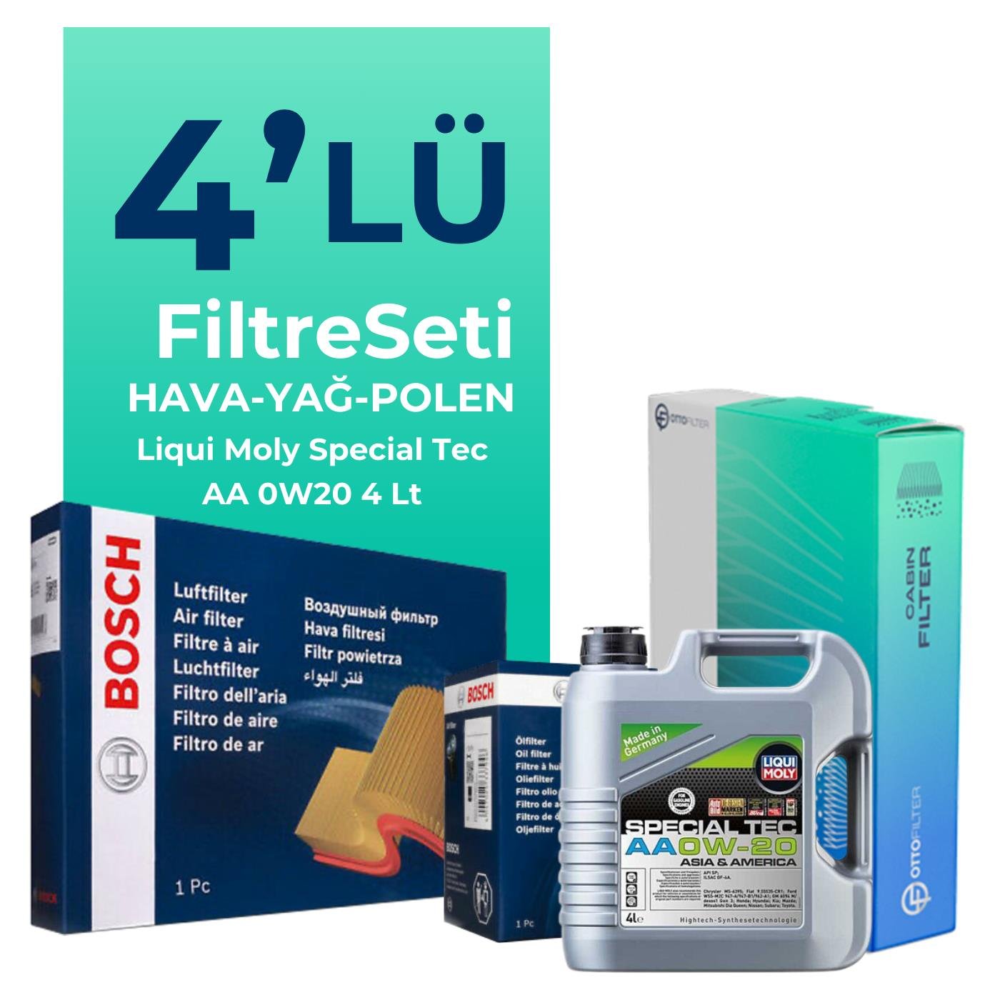 BOSCH Hyundai Bayon 1.4 Benzinli Filtre Bakım Seti Liqui Moly Special Tec AA 0W-20 4 Litre Motor Yağlı (2021-2023) 4 Lü