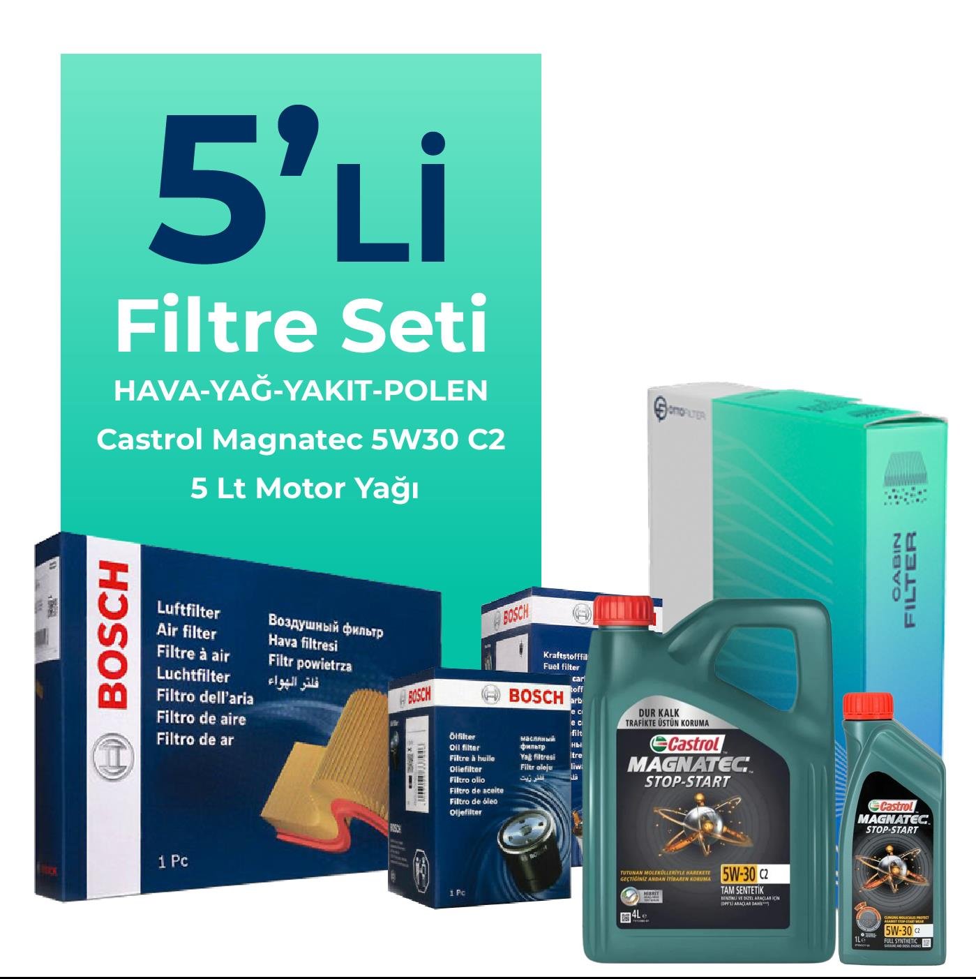 BOSCH Hyundai Elantra 1.6 Dizel Filtre Bakım Seti Castrol Magnatec C2 5W-30 5 Litre Motor Yağlı (2015-2020) 5 Li