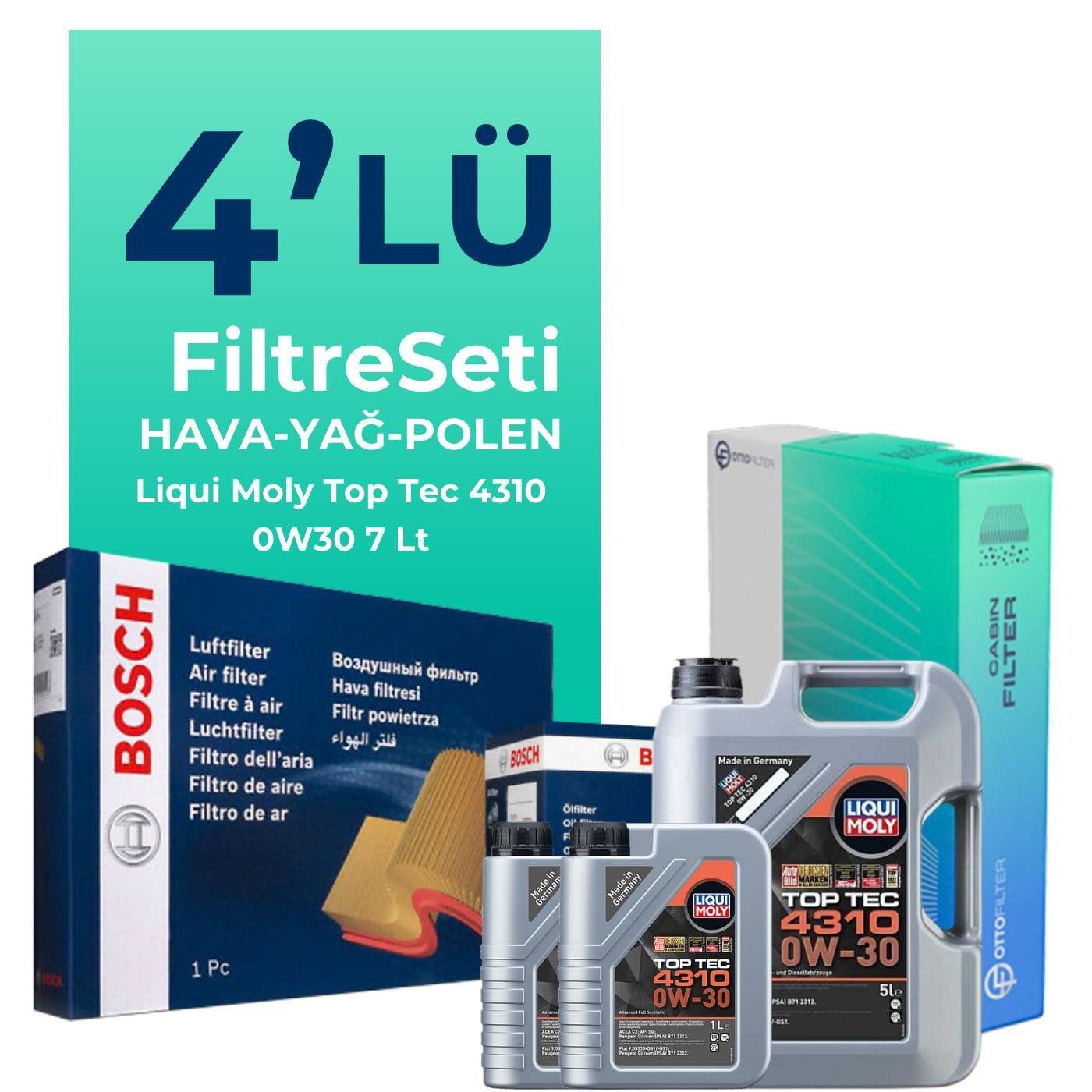 Bosch Jaguar F-Pace 2.0 Dizel Filtre Bakım Seti Liqui Moly Top Tec 4310 0W-30 7 Litre Motor Yağlı (2015-2022) 4 Lü