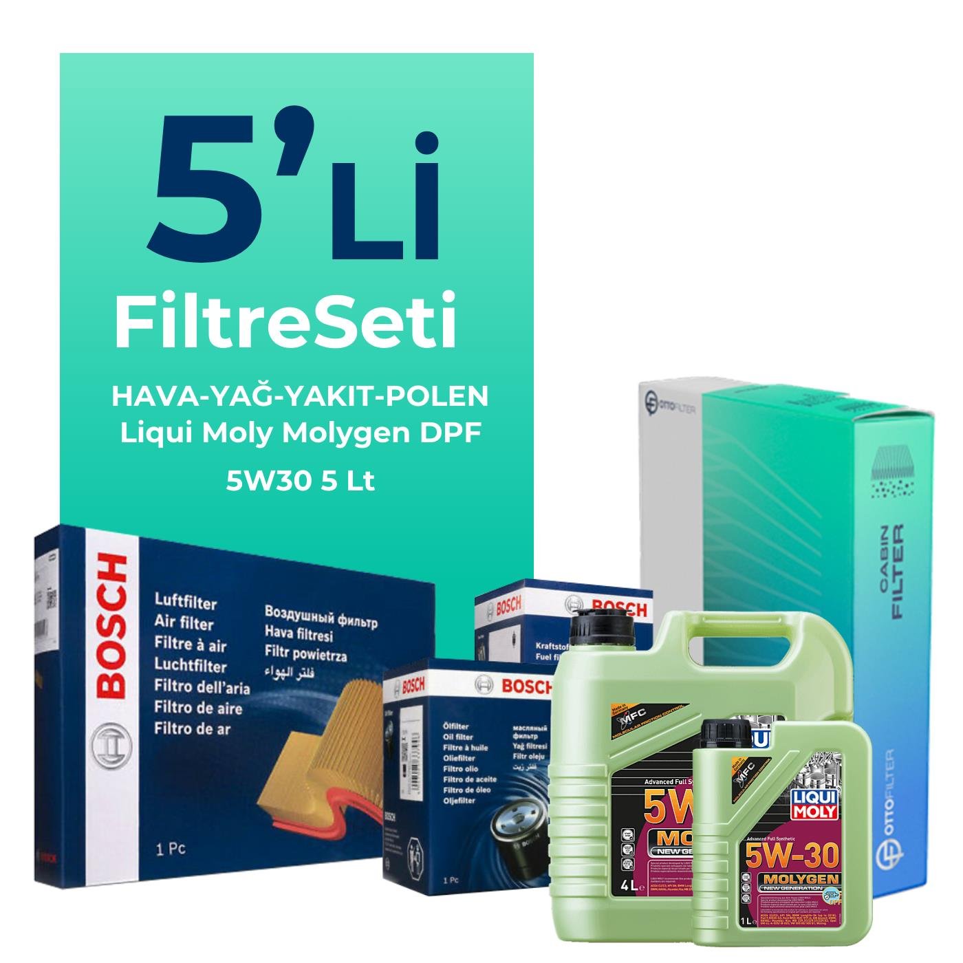 BOSCH Kia Ceed 1.6 Dizel Filtre Bakım Seti Liqui Moly Molygen New Generation DPF 5W-30 5 Litre Motor Yağlı (2008-2012) 5 Li