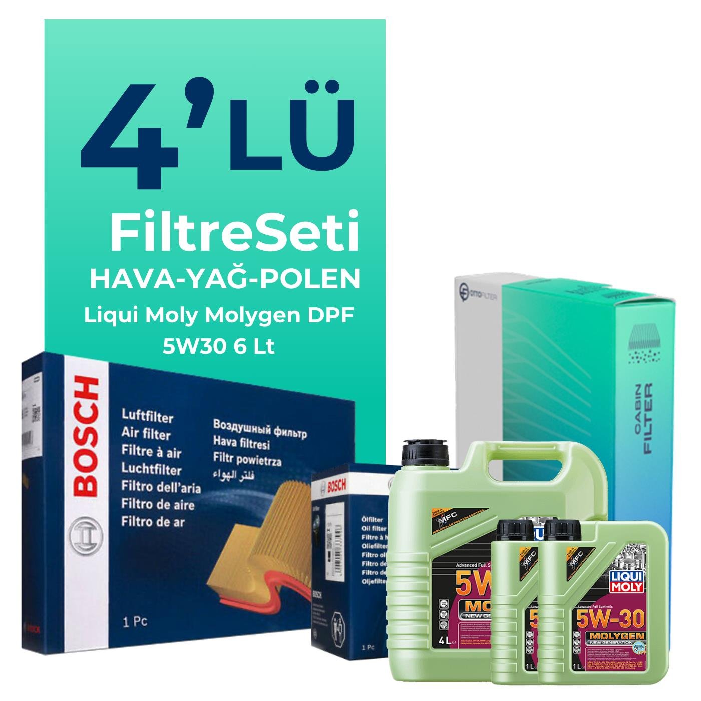 BOSCH Kia Sorento 2.0 Dizel Filtre Bakım Seti Liqui Moly Molygen New Generation DPF 5W-30 6 Litre Motor Yağlı (2015-2020) 4 Lü