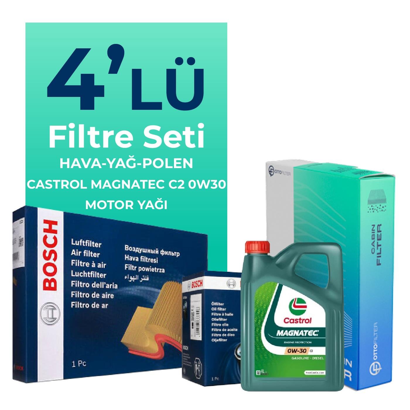 BOSCH Land Rover Discovery Sport 2.0 Dizel Filtre Bakım Seti Castrol Magnatec C2 0W-30 8 Litre Motor Yağlı (2014-2021) 4 Lü