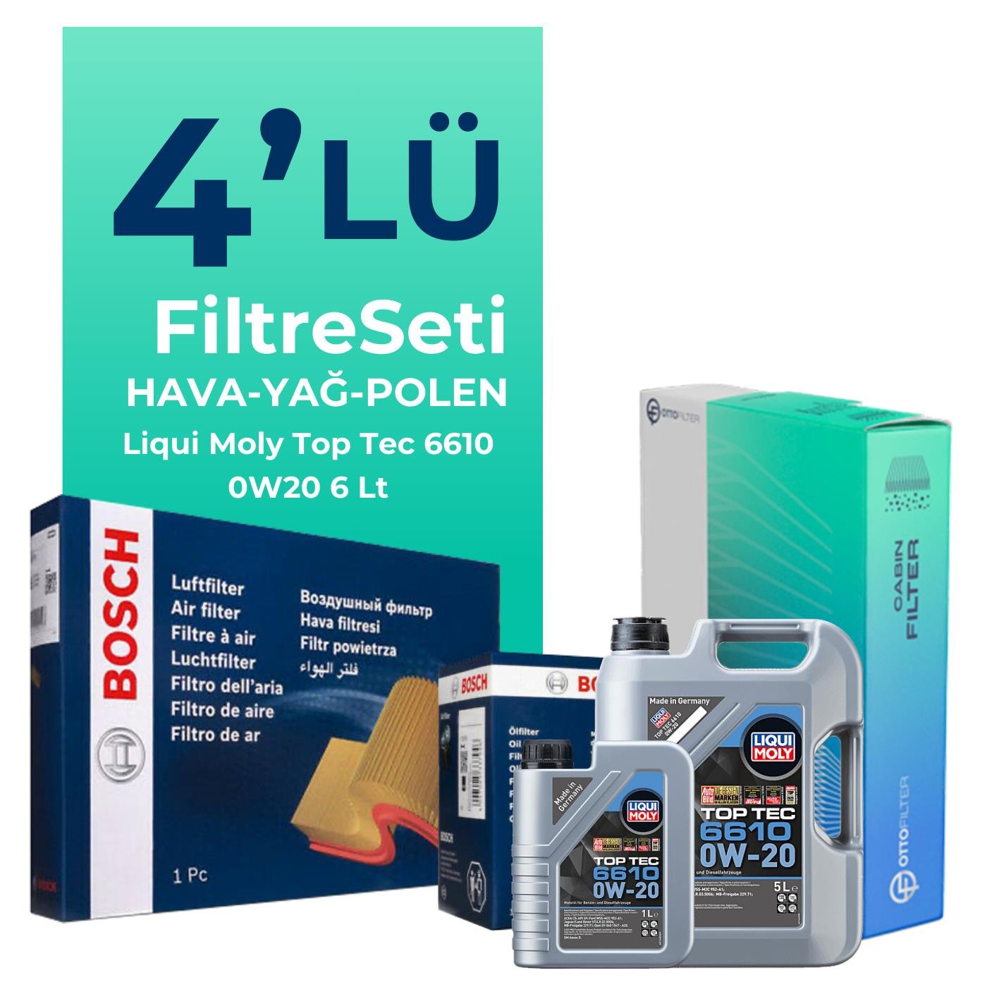 BOSCH Mercedes E180 1.5 Benzin Filtre Bakım Seti Liqui Moly Top Tec 6610 0W-20 6 Litre Motor Yağlı (2023-2025) 4 Lü