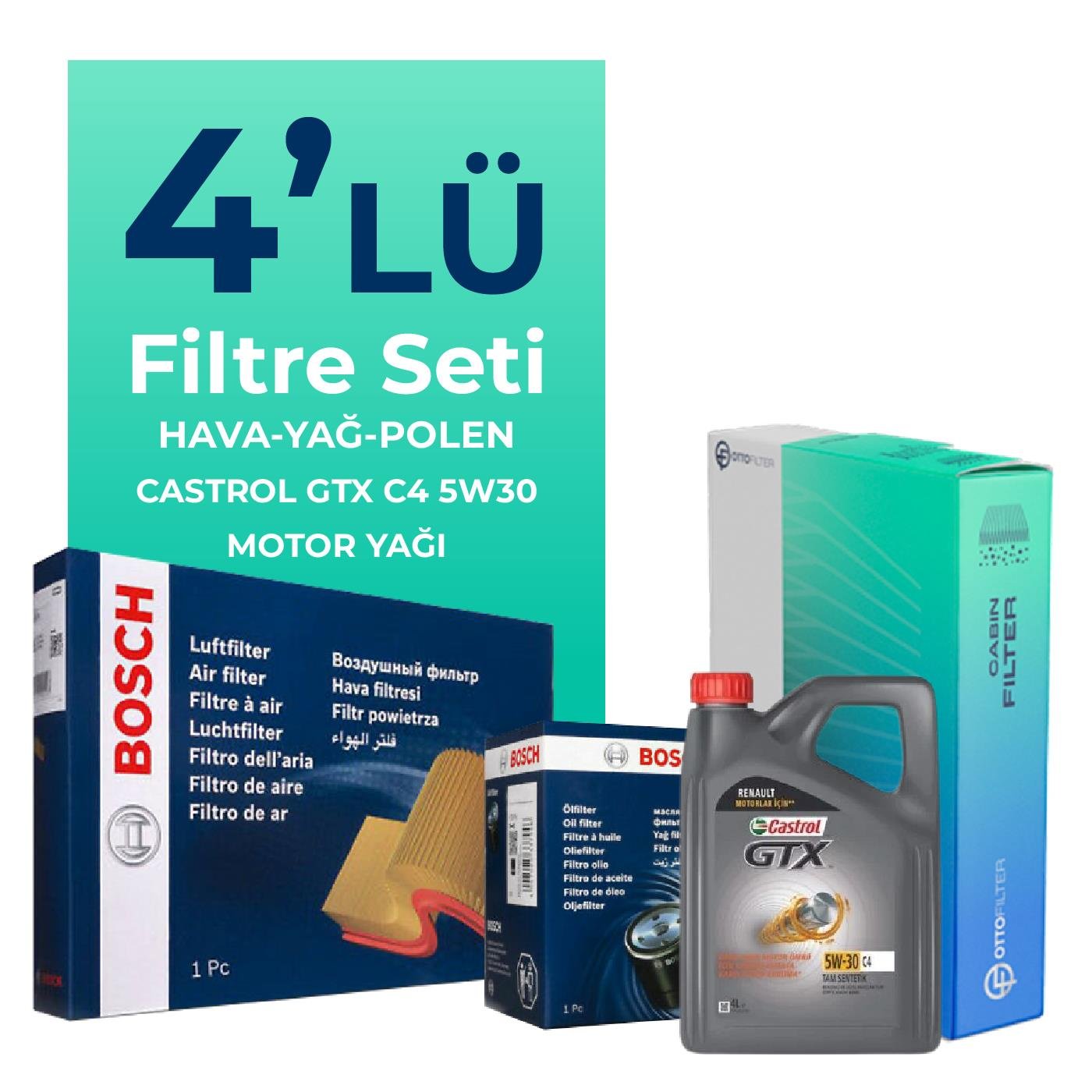 BOSCH Nissan Juke 1.6 Filtre Bakım Seti Castrol GTX C4 5W-30 5 Litre Motor Yağlı (2011-2018) 4 Lü