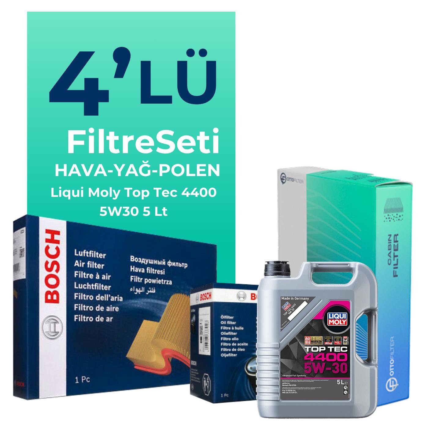 BOSCH Nissan Note 1.5 Dizel Filtre Bakım Seti Liqui Moly Top Tec 4400 5W-30 5 Litre Motor Yağlı (2008-2012) 4 Lü