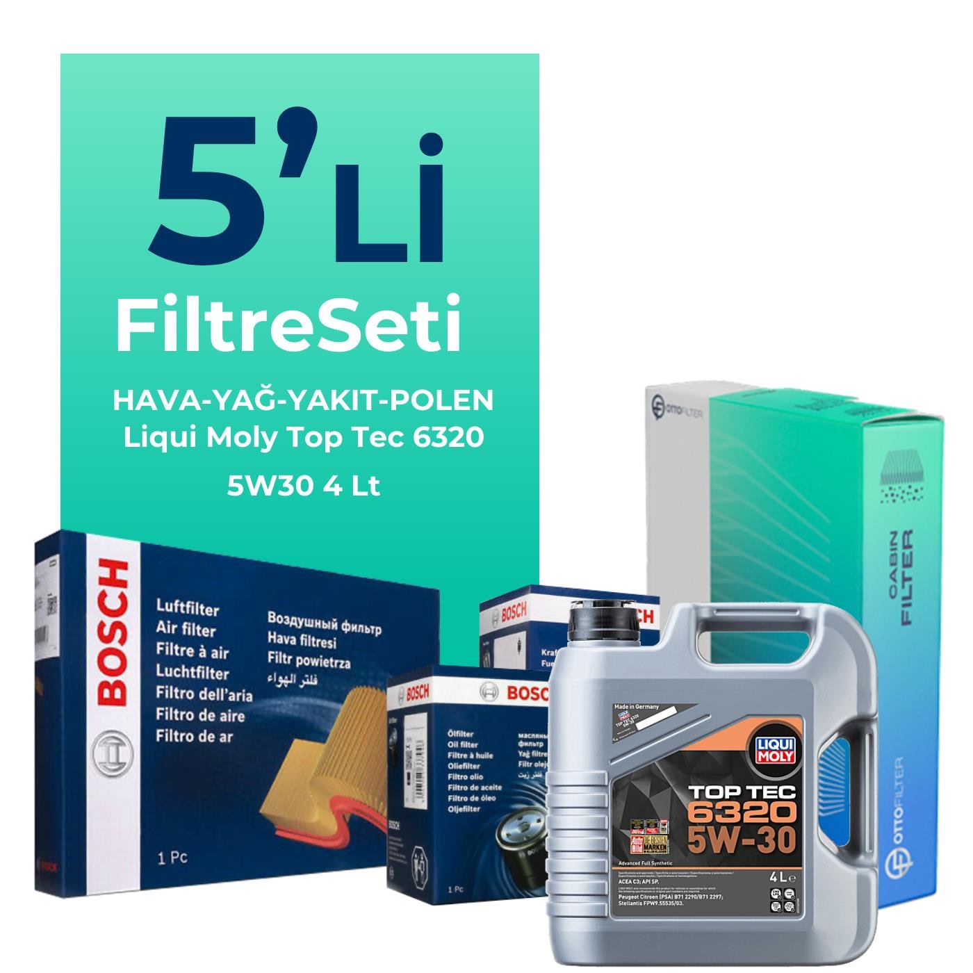 BOSCH Opel Astra L 1.5 Dizel Filtre Bakım Seti Liqui Moly Top Tec 6320 5W-30 4 Litre Motor Yağlı (2021-2023) 5 Li