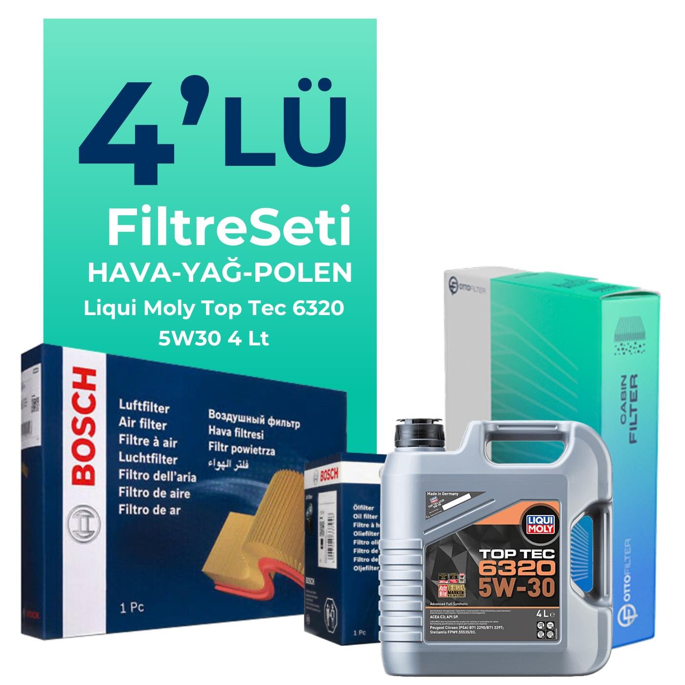 BOSCH Opel Crossland 1.2 Turbo Benzinli Filtre Bakım Seti Liqui Moly Top Tec 6320 5W-30 4 Litre Motor Yağlı (2017-2024) 4 Lü