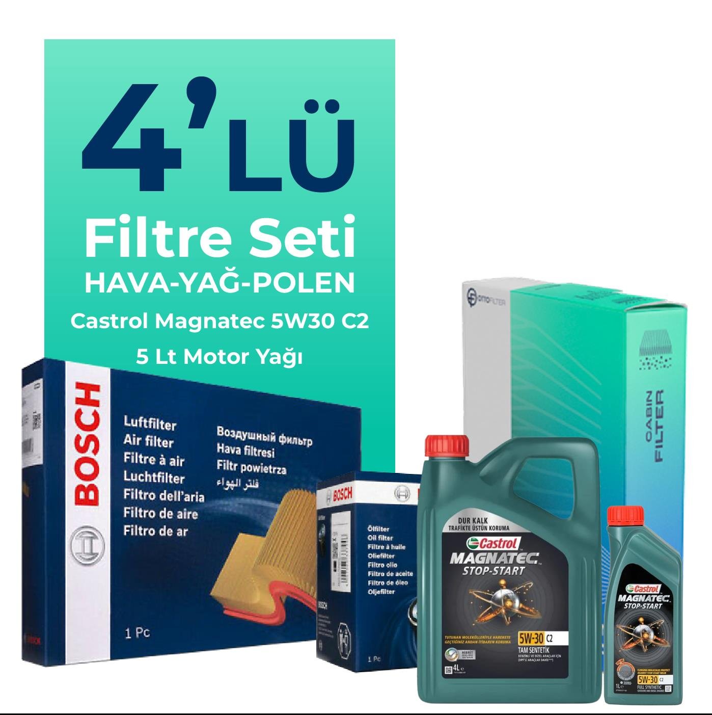 BOSCH Opel Vectra 1.9 Dizel Filtre Bakım Seti Castrol Magnatec C2 5W-30 5 Litre Motor Yağlı (2005-2009) 4 Lü