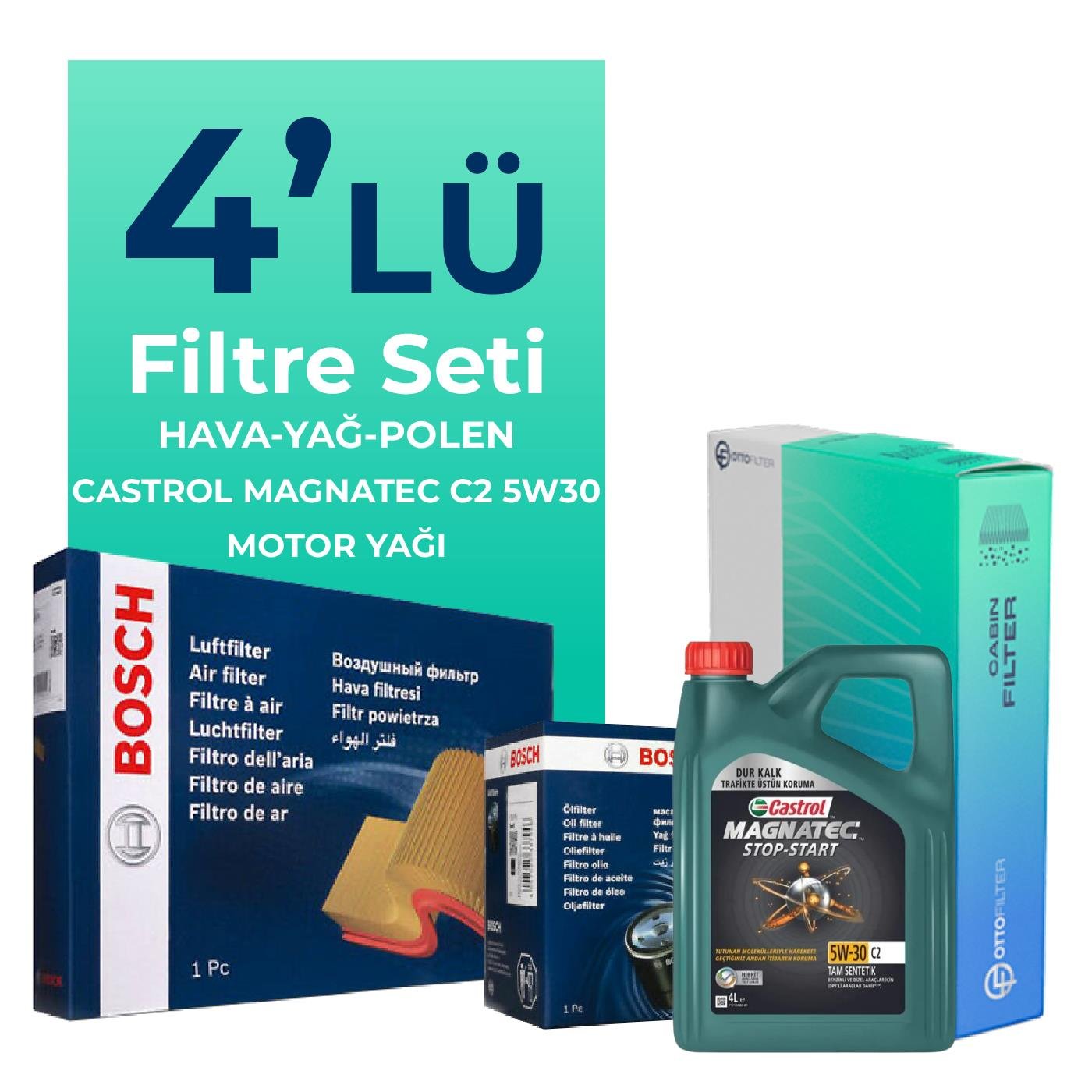 BOSCH Peugeot 207 1.4 Benzin Filtre Bakım Seti Castrol Magnatec C2 5W-30 4 Litre Motor Yağlı (2006-2012) 4 Lü