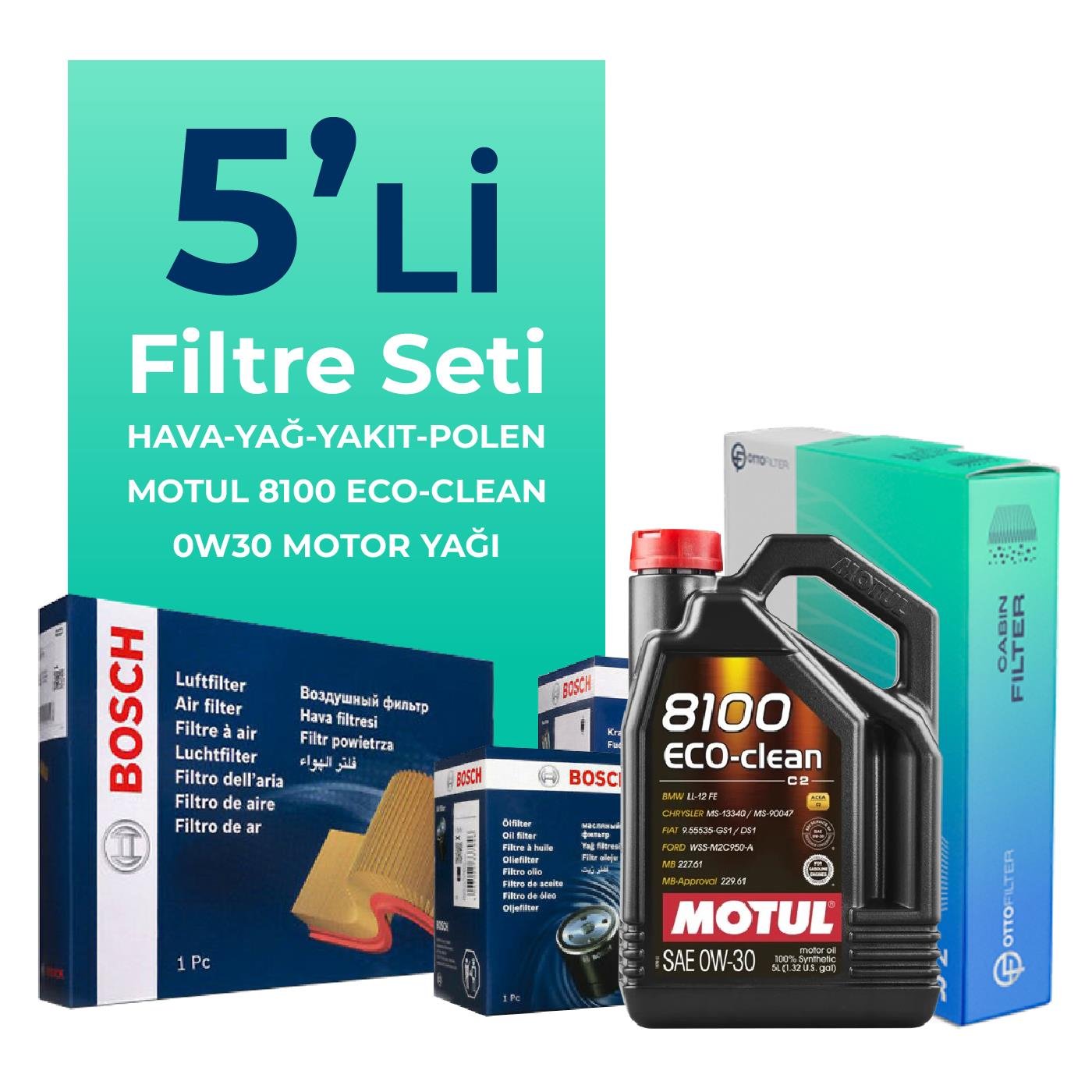 BOSCH Peugeot 3008 1.6 BlueHDi Dizel Filtre Bakım Seti Motul 8100 Eco-Clean 0W-30 5 Litre Motor Yağlı (2016-2019) 5 Li
