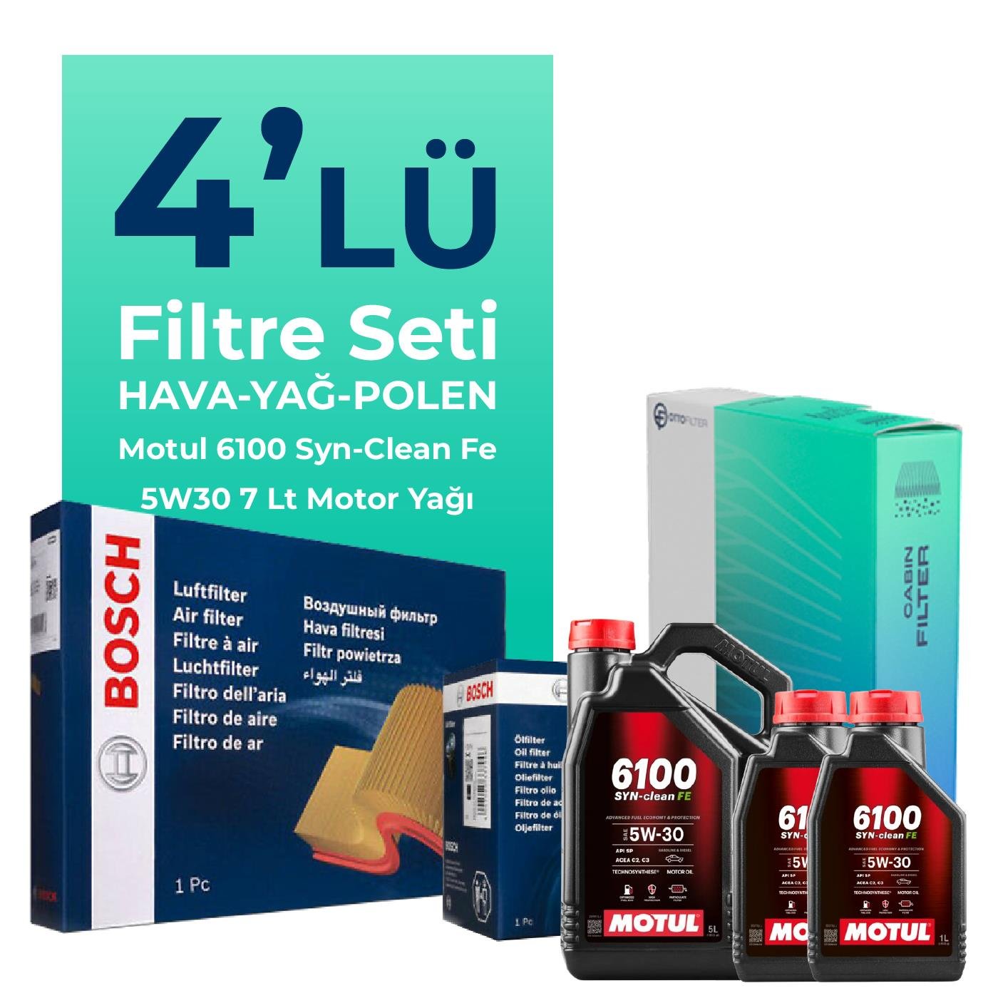 BOSCH Peugeot Boxer 2.2 Dizel Filtre Bakım Seti Motul 6100 Syn-Clean FE 5W-30 7 Litre Motor Yağlı (2014-2016) 4 Lü