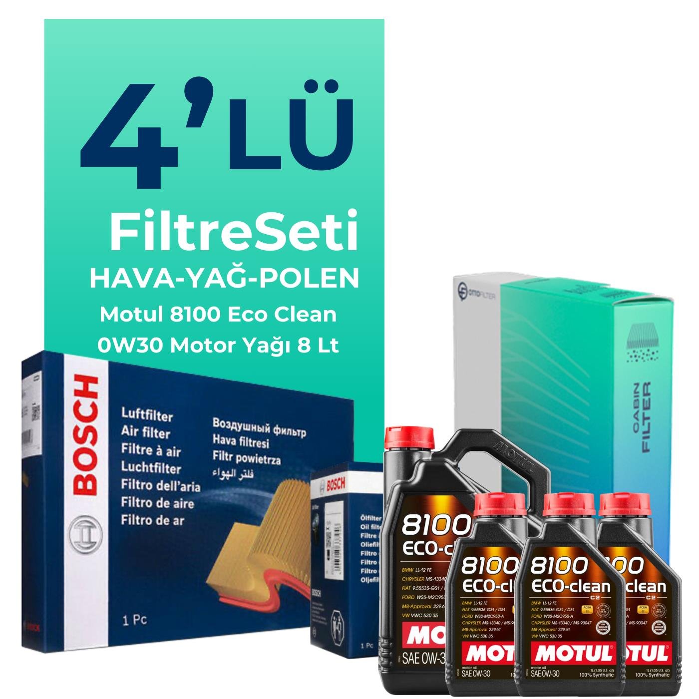 Bosch Peugeot Expert 2.0 Dizel Filtre Bakım Seti Motul 8100 Eco-Clean 0W-30 8 Litre Motor Yağlı (2017-2024) 4 Lü