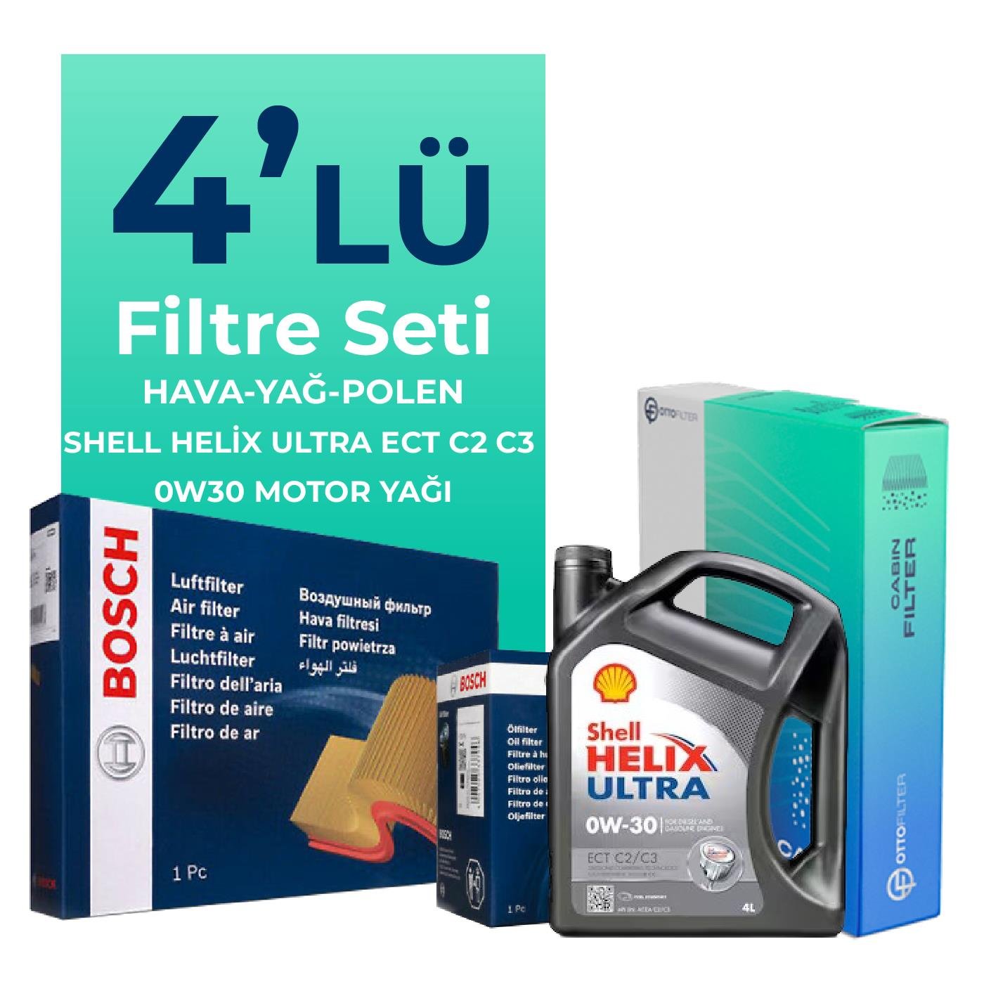 BOSCH Peugeot Partner 1.6 BlueHDi Dizel Filtre Bakım Seti Shell Helix Ultra ECT C2 / C3 0W-30 4 Litre Motor Yağlı (2015-2018) 4 Lü