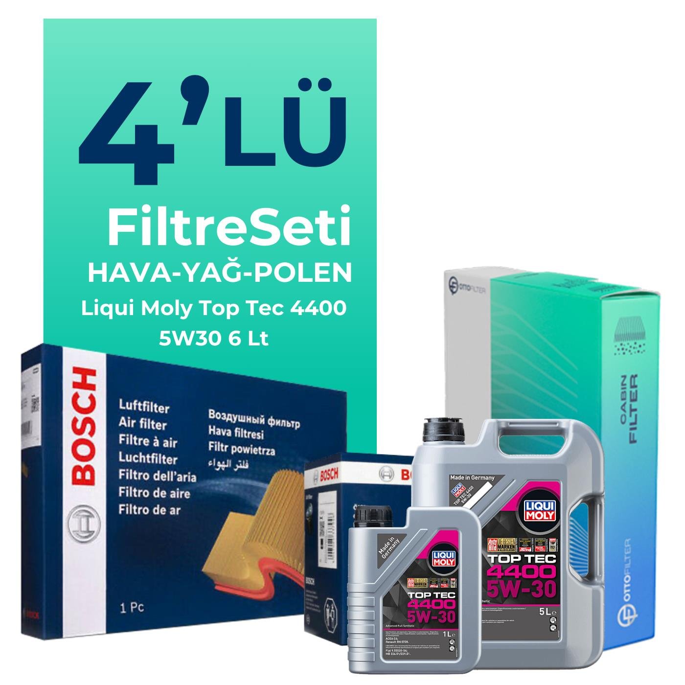 BOSCH Renault Megane 1.5 Dizel BlueDCi Filtre Bakım Seti Liqui Moly Top Tec 4400 5W-30 6 Litre Motor Yağlı (2017-2022) 4 Lü