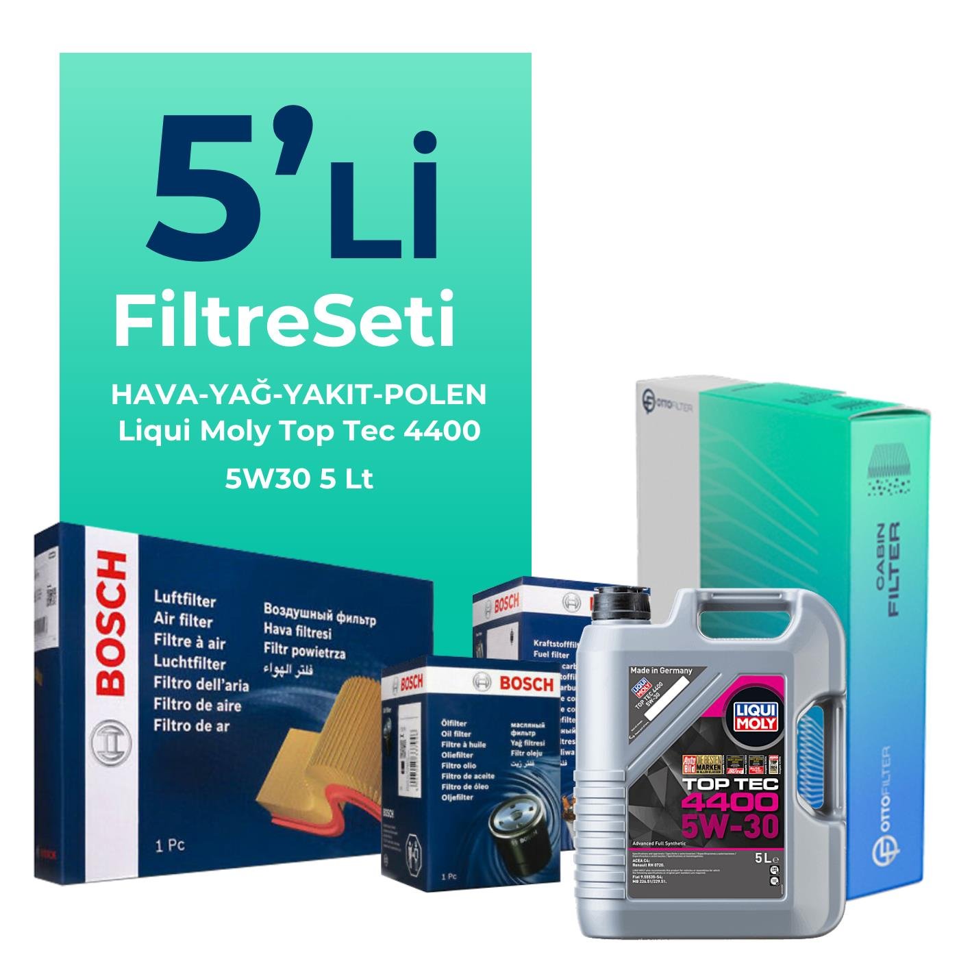 BOSCH Renault Megane 1.5 Dizel Filtre Bakım Seti Liqui Moly Top Tec 4400 5W-30 5 Litre Motor Yağlı (2017-2022) 5 Li