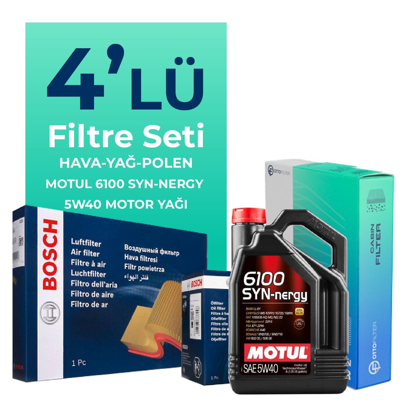 BOSCH Renault Symbol 1.2 Benzin Filtre Bakım Seti Motul 6100 Syn-Nergy 5W-40 4 Litre Motor Yağlı (2009-2013) 4 Lü