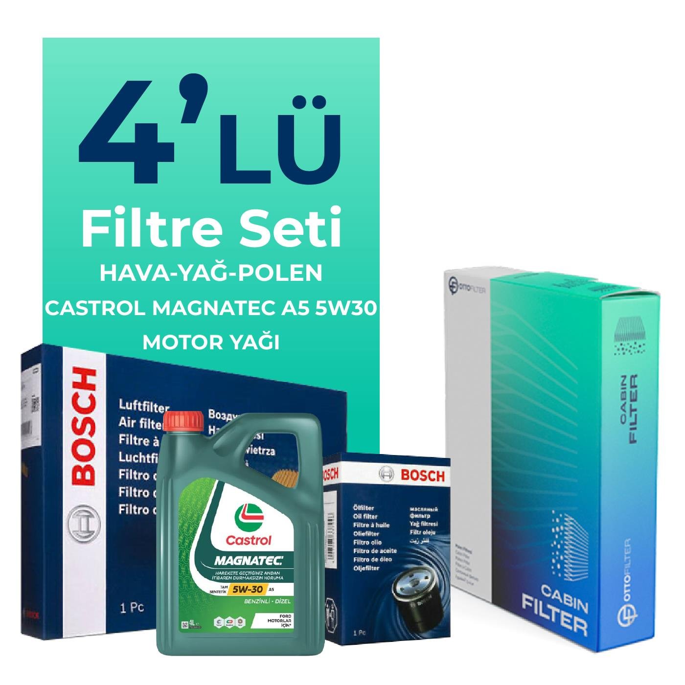 BOSCH Seat İbiza 1.2 TSi Filtre Bakım Seti Castrol Magnatec A5 5W-30 4 Litre Motor Yağlı (2015-2017) 4 Lü