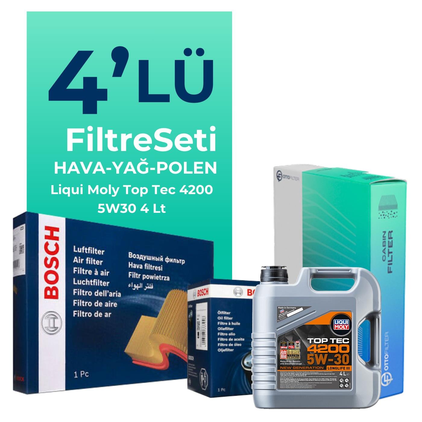 BOSCH Seat Leon 1.2 TSi Filtre Bakım Seti Liqui Moly Top Tec 4200 5W-30 4 Litre Motor Yağlı (2013-2018) 4 Lü