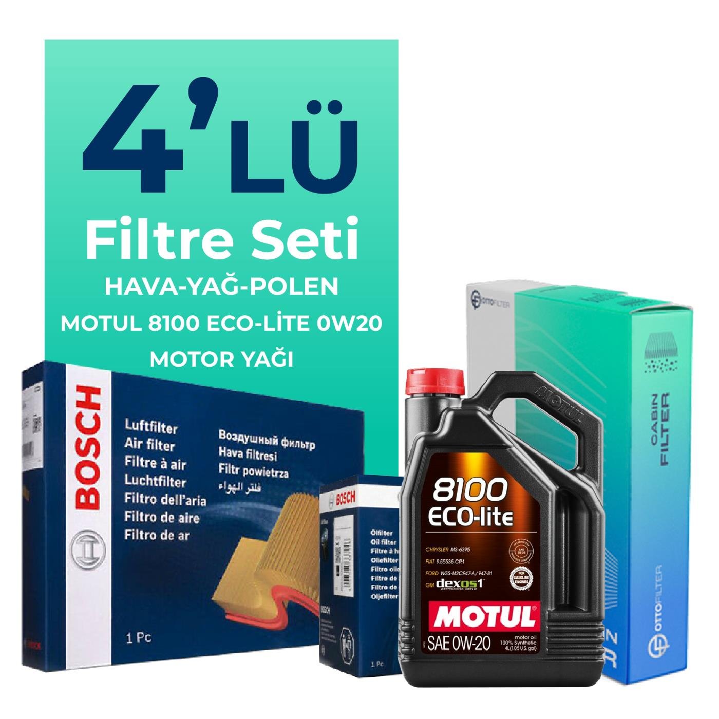 BOSCH Skoda Kamiq 1.0 TSi 115 HP Filtre Bakım Seti Motul 8100 Eco-Lite 0W-20 4 Litre Motor Yağlı (2020-2024) 4 Lü