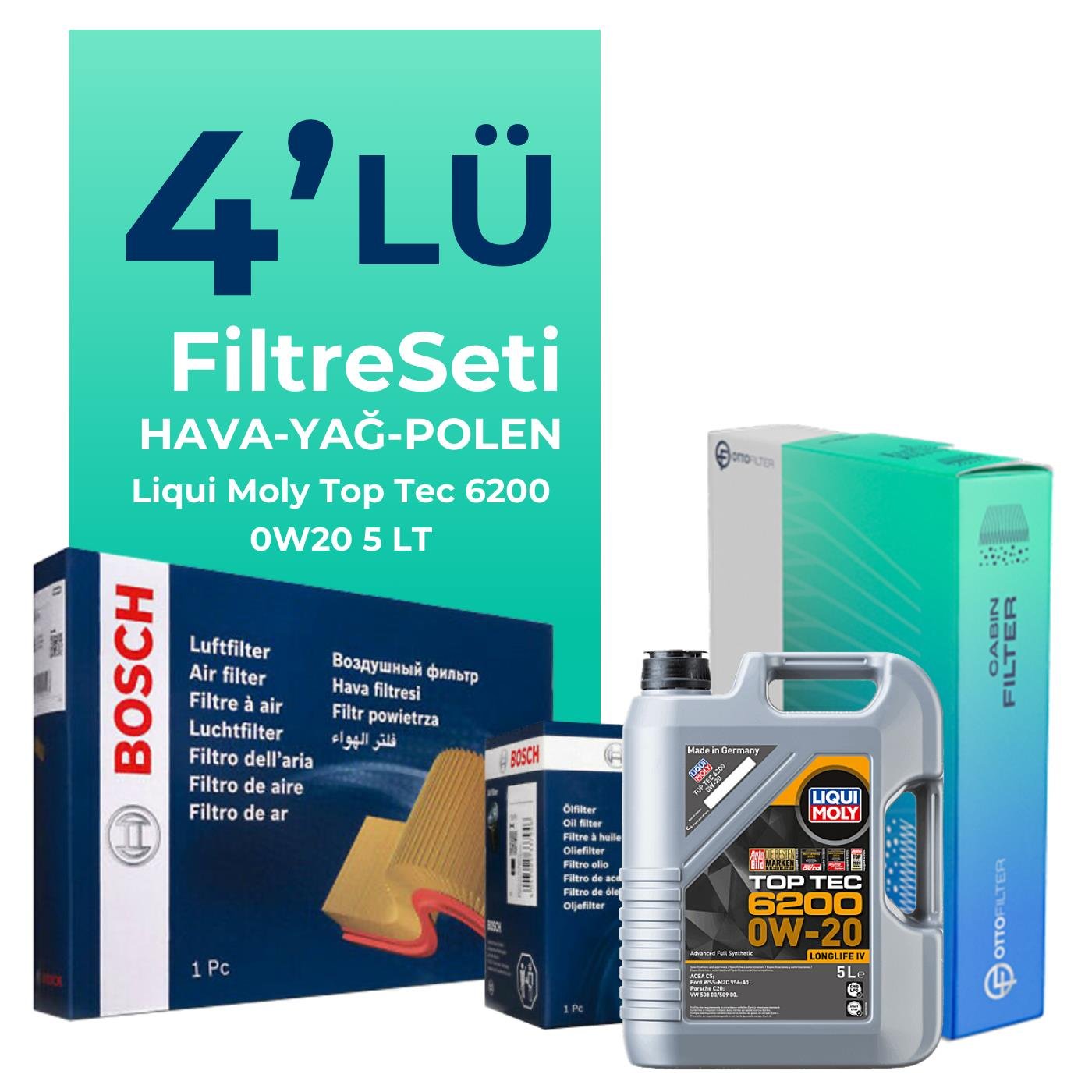 BOSCH Skoda SuperB 1.5 TSi Filtre Bakım Seti Liqui Moly Top Tec 6200 0W-20 5 Litre Motor Yağlı (2017-2023) 4 Lü