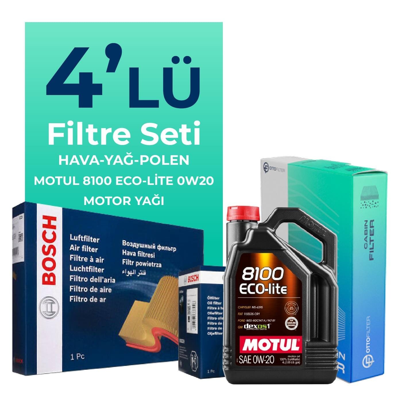 BOSCH Toyota Yaris 1.0 Filtre Bakım Seti Motul 8100 Eco-Lite 0W-20 4 Litre Motor Yağlı (2015-2020) 4 Lü