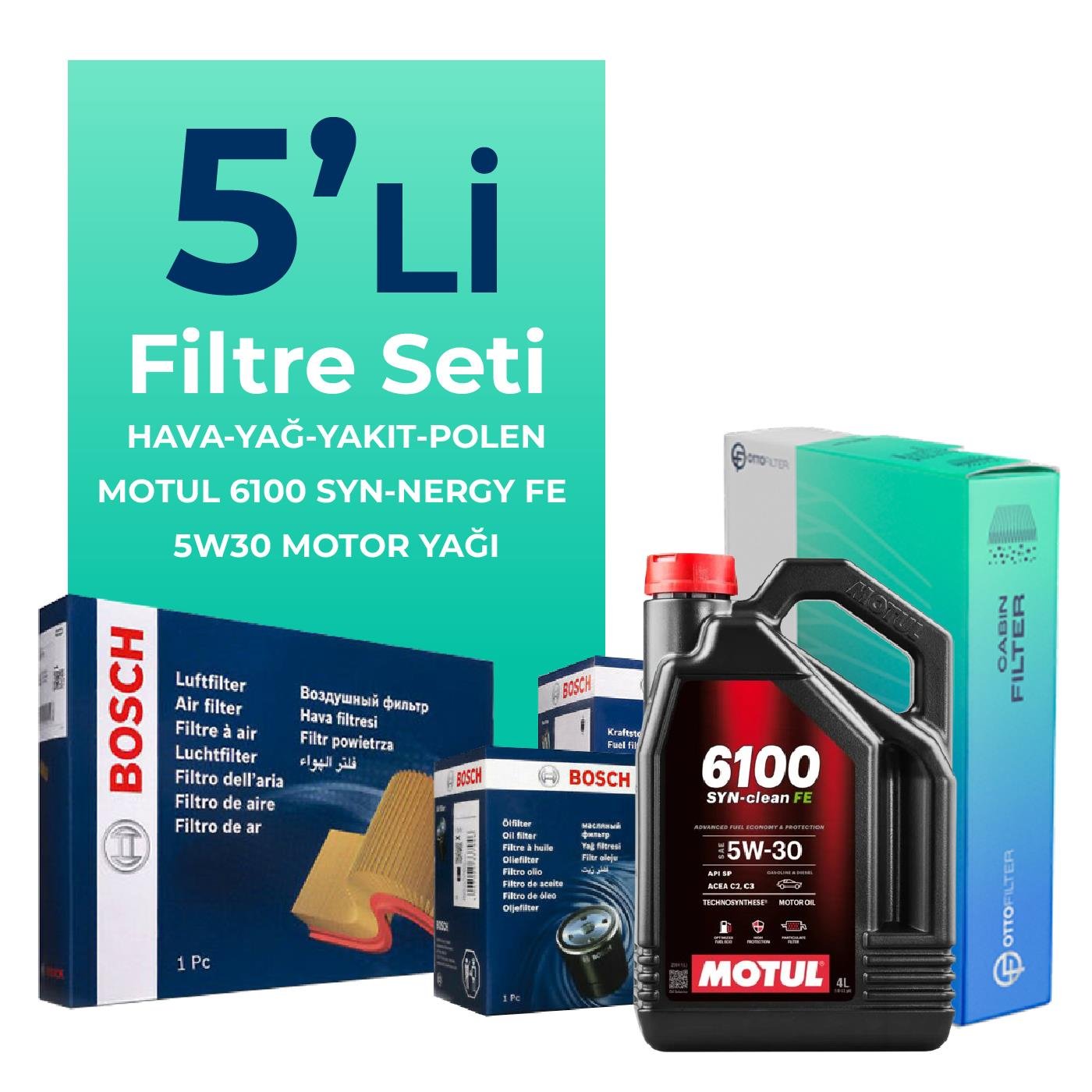 BOSCH Volkswagen Passat 2.0 Dizel Filtre Bakım Seti Motul 6100 Syn-Clean FE 5W-30 5 Litre Motor Yağlı (2010-2014) 5 Li