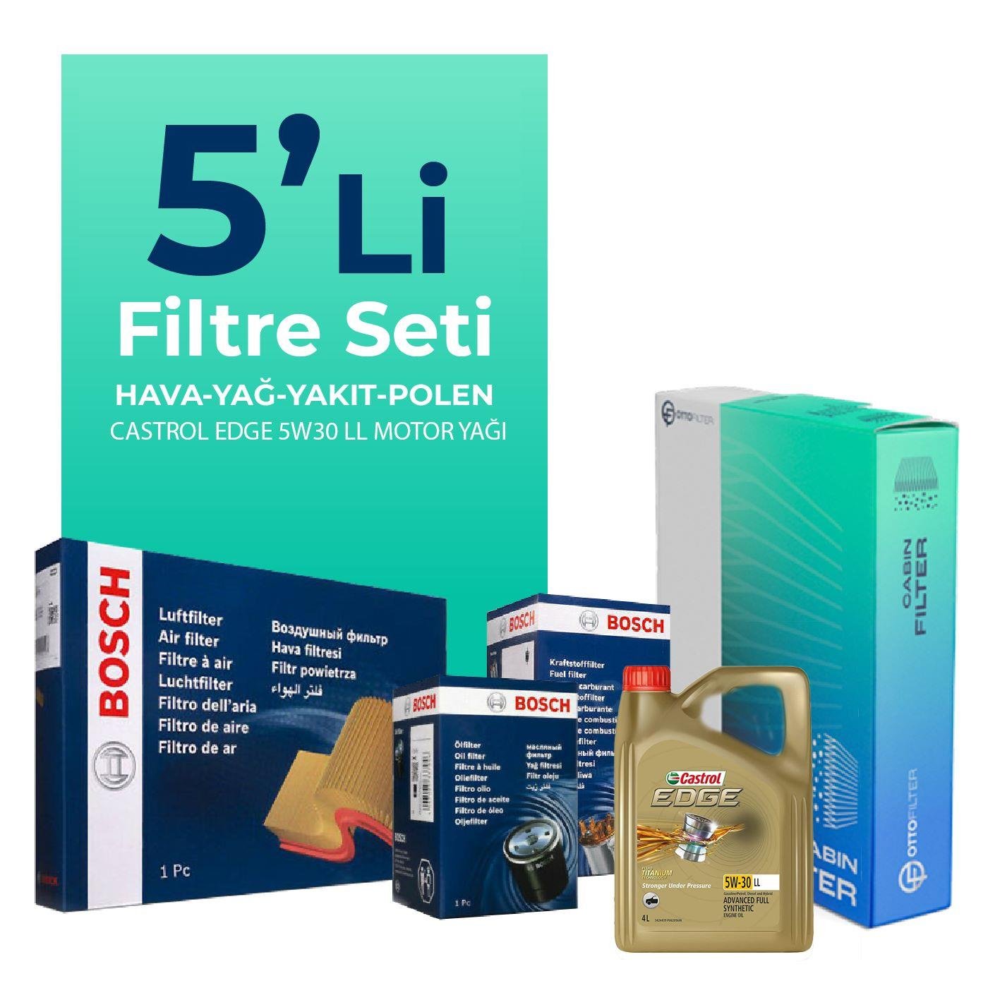 BOSCH Volkswagen Polo 1.4 Dizel Filtre Bakım Seti Castrol Edge 5W-30 4 Litre Motor Yağlı (2014-2017) 5 Li