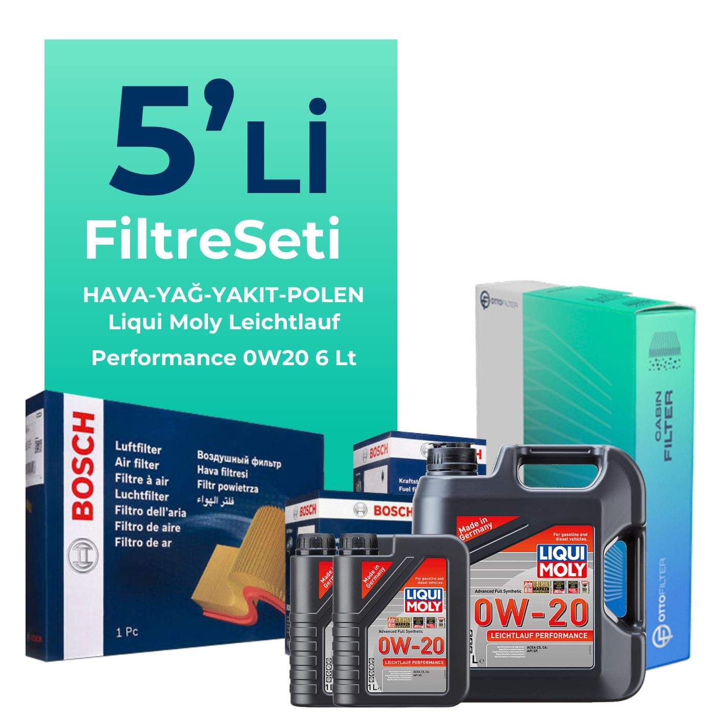 BOSCH Volvo S90 2.0 Dizel B5 Filtre Bakım Seti Liqui Moly Leichtlauf Performance 0W-20 6 Litre Motor Yağlı (2020-2024) 5 Li